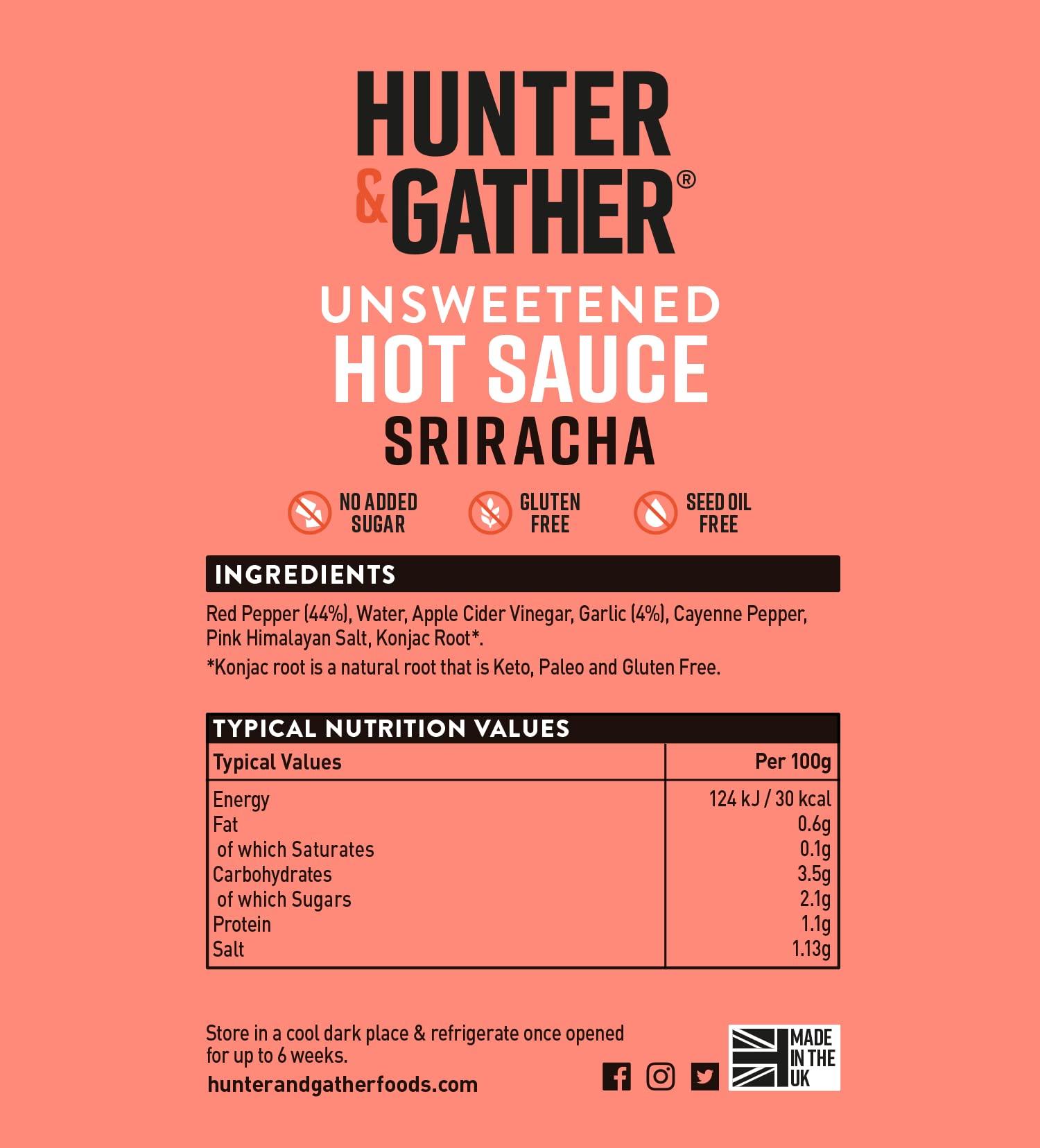 Hunter & Gather Hunter & Gather Unsweetened Hot Sauce | 2 x 350g Hot Sriracha Sauce Keto, Paleo, Low Carb & Vegan Friendly | Free from Added Sugar & Sweeteners