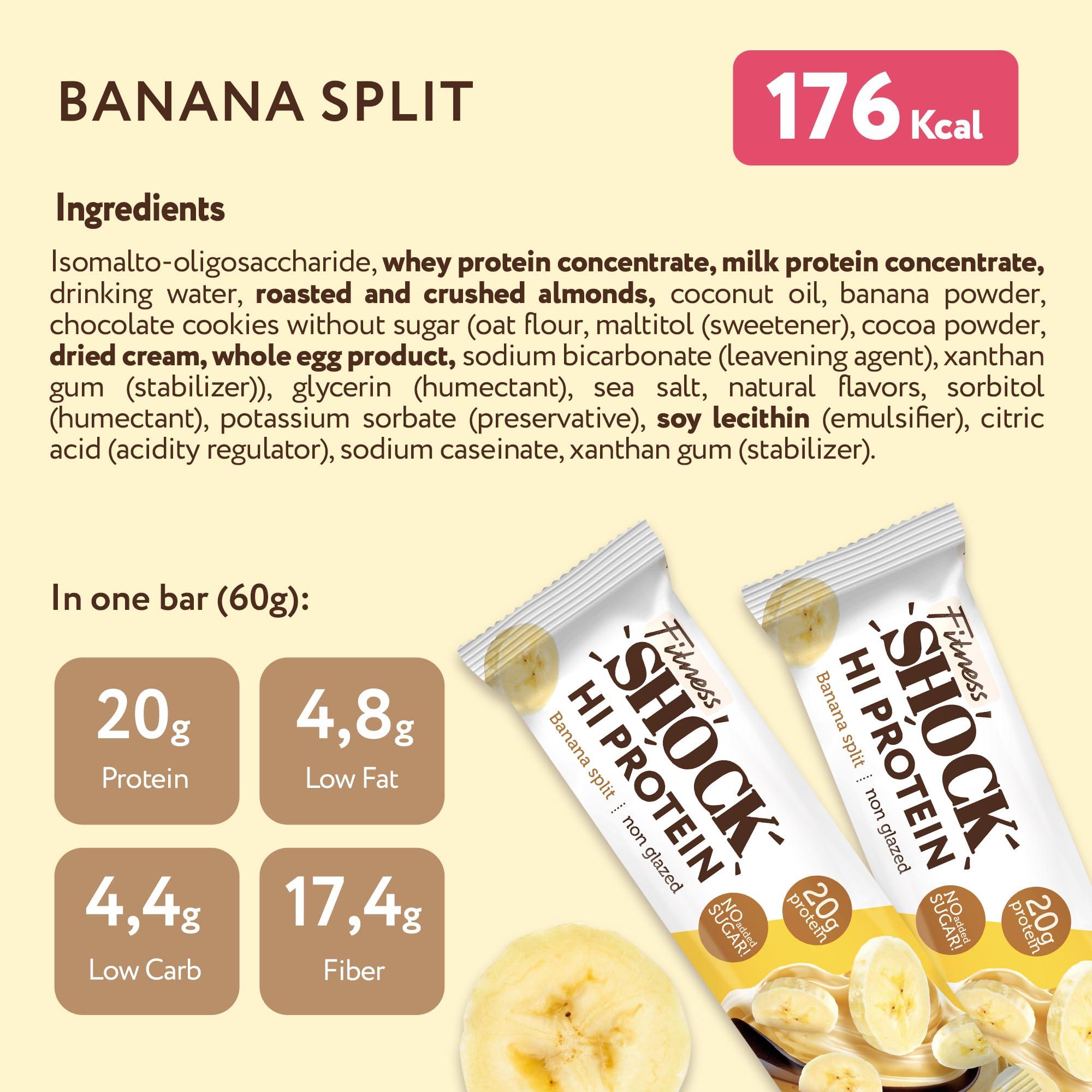 FitnesSHOCK FitnesSHOCK High Protein Bars - High 20G Protein Content Protein Bar With No Added Sugar, Low Calorie Low Carb High Fibre, Banana Split Flavour 12Pcs 60G