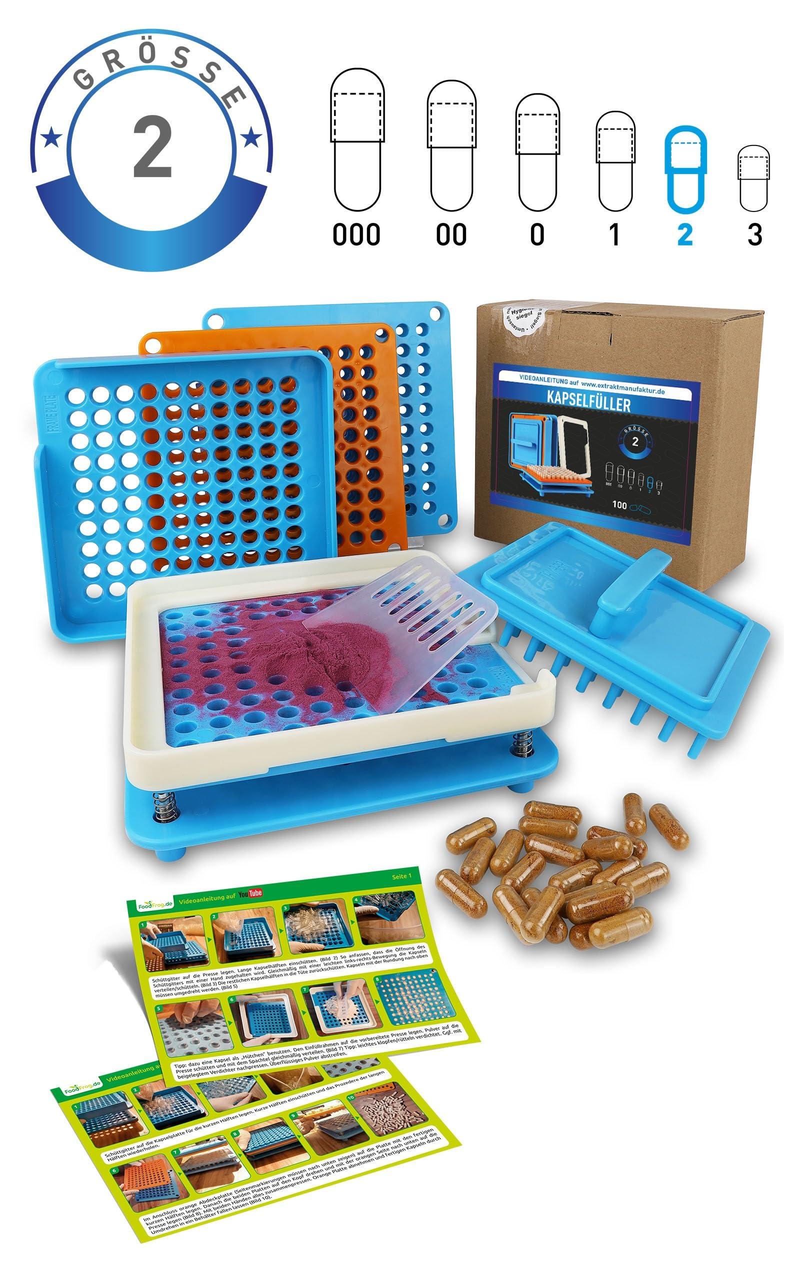 foodfrog Capsule Filler Size 2 Space for 100 Capsules Includes Instructions in German + Video Capsule Filler Machine Empty Capsules to Fill Yourself Manual (Size 2)
