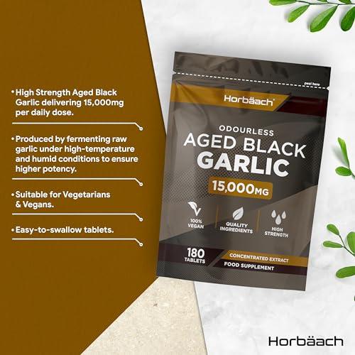 Horbach Black Garlic Tablets 15000mg | 180 Count | High Strength Odourless Concentrated Garlic Extract | Aged Black Garlic Vegan Supplement | by Horbaach