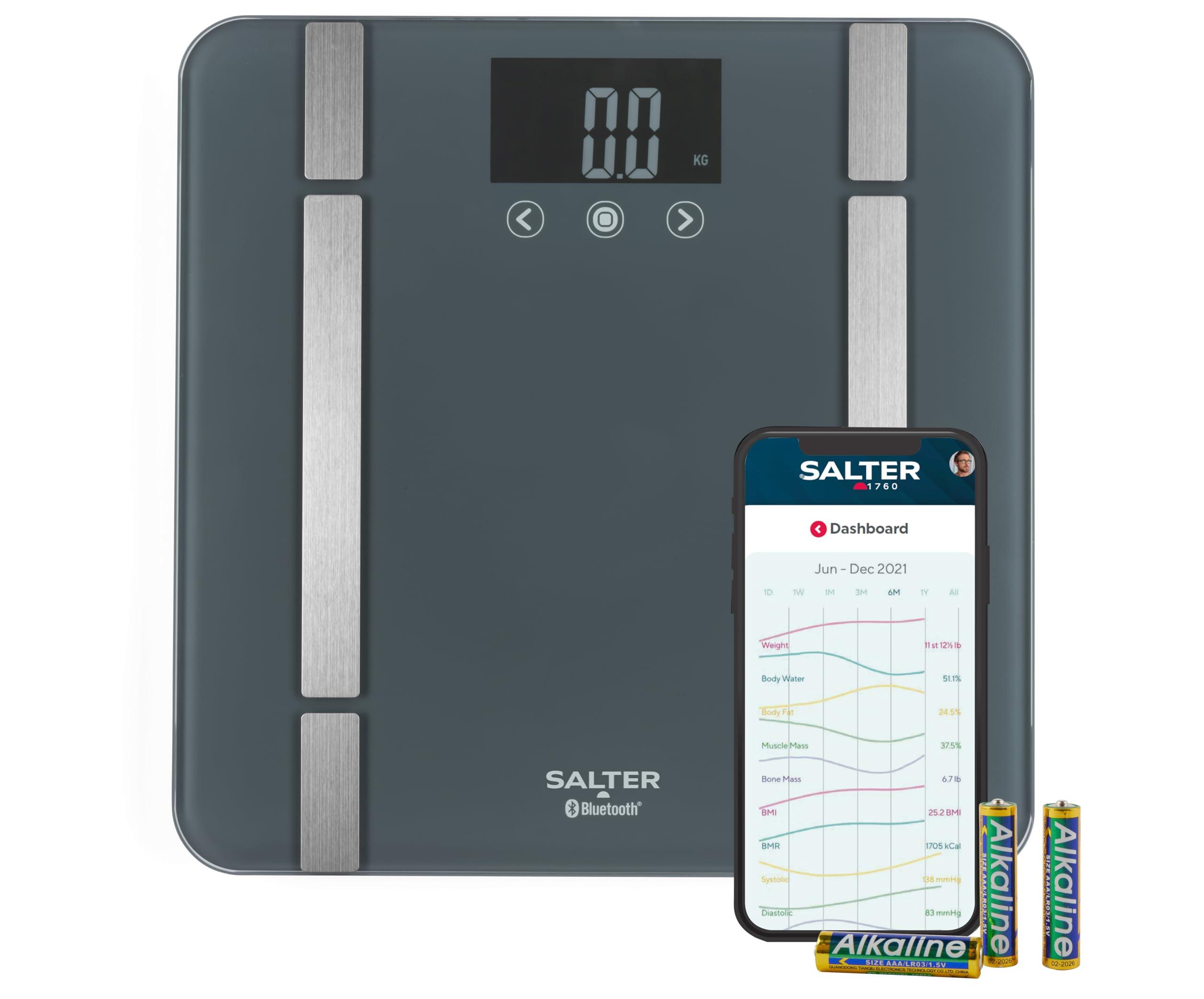 Salter Salter SA00432GFEU6 Bathroom Smart Scale Bluetooth Digital Scale, 200kg, Measure Weight, Body Fat/Water, Muscle/Bone Mass, BMI/BMR, 8 User Memory, Connect to Phone with Free Salter Health App, Grey