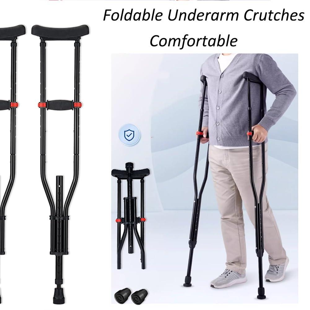 FreshCart Basics Aluminum Foldable Underarm Crutches, with Hand Grips & Rubber Tips Walking Aid, Folding Portable Walking Crutches