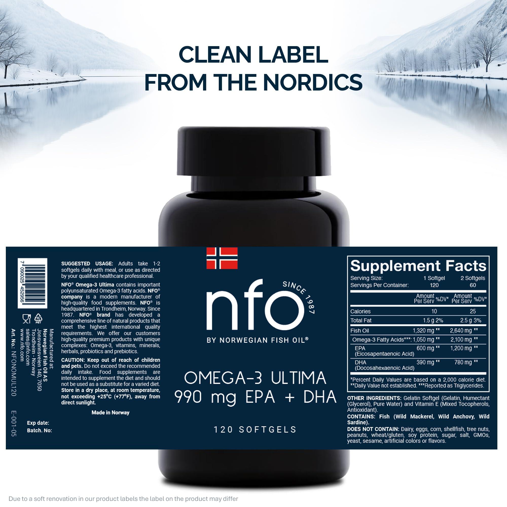 NFO NFO Omega 3 Ultima [120 Capsules] Norwegian Fish Oil with an Effective Formula with high Concentration of EPA:DHA Natural PUFA Premium Complex Made of Freshly Caught Wild Fish Produced in Norway