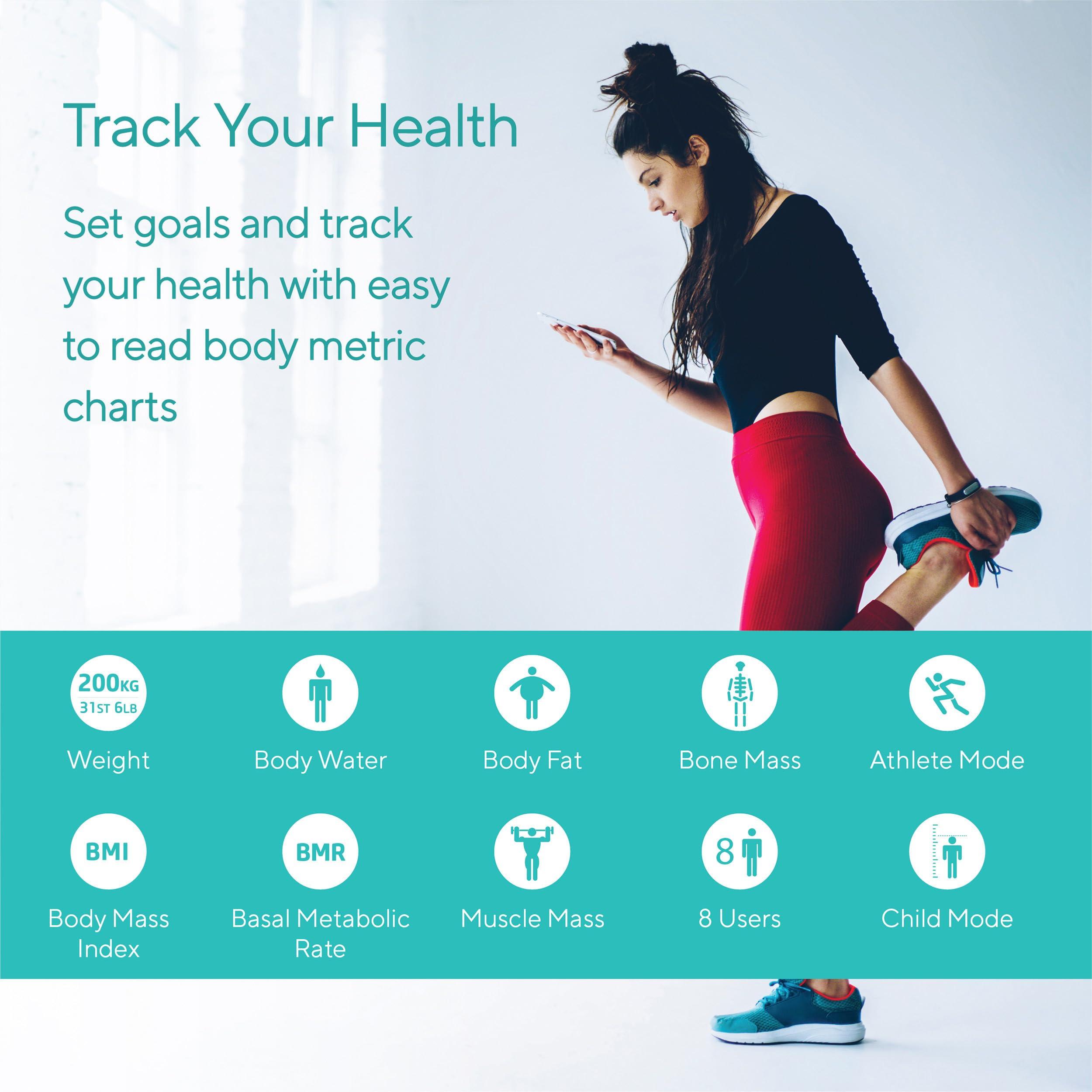 Salter Salter SA00432GFEU6 Bathroom Smart Scale Bluetooth Digital Scale, 200kg, Measure Weight, Body Fat/Water, Muscle/Bone Mass, BMI/BMR, 8 User Memory, Connect to Phone with Free Salter Health App, Grey