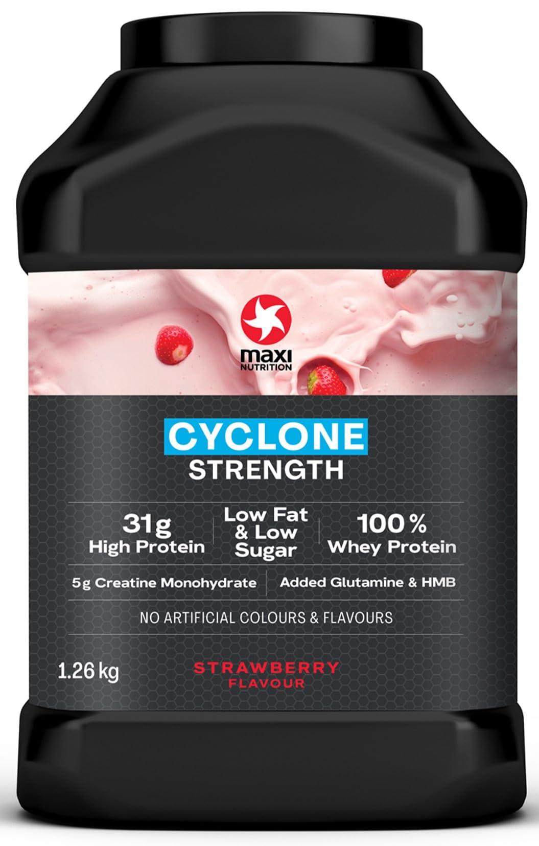 MaxiNutrition MaxiNutrition Cyclone, Strawberry - Premium Whey Protein Powder with Creatine Low in Sugar and Fat, Vegetarian-Friendly - 31g Protein Shake Powder, Low Calorie 205 kcal per Serving, 1.26kg