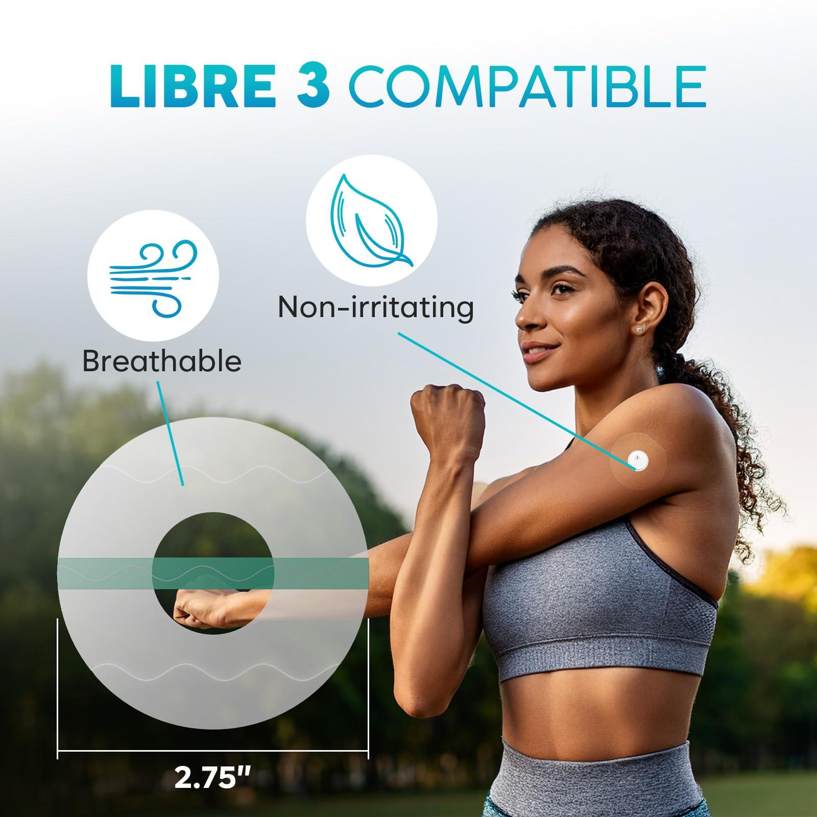 Adamson Freestyle Libre 3 Sensor Covers Waterproof 50 Libre 3 Patches, Transparent, Long-Lasting, No Glue on Center, Non-Irritating, Easy to Apply and Remove Ideal for Sports, Swimming, and Daily Use