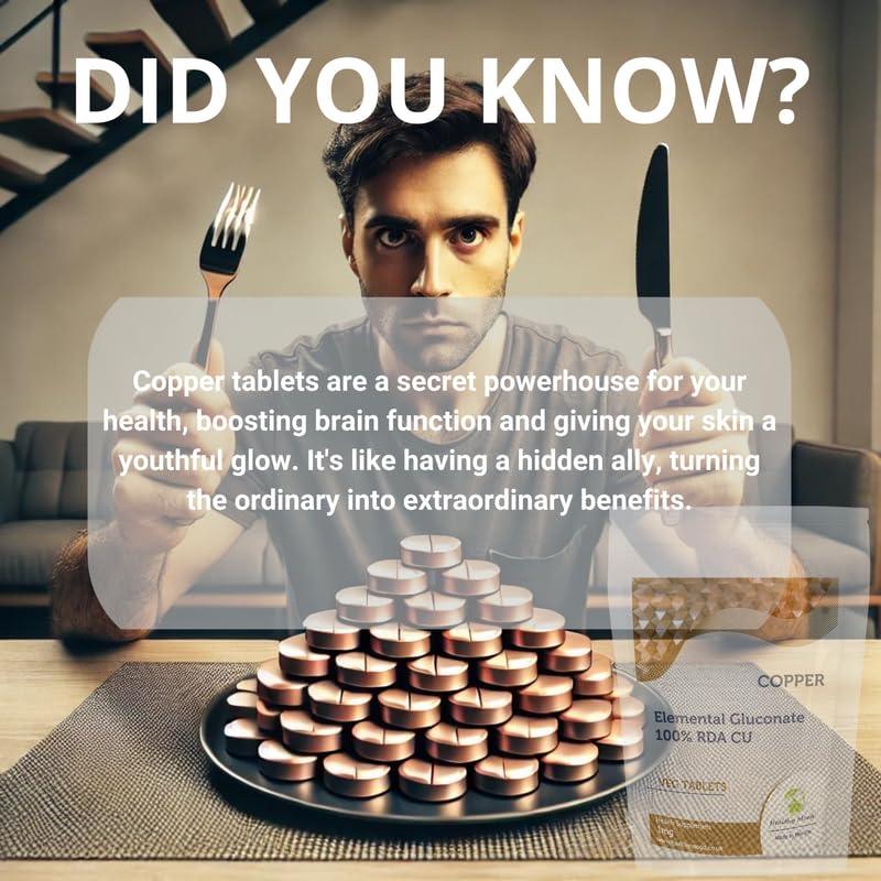 Healthy Mood Copper 1mg Tablets Elemental Gluconate CU for 100% RDA Essential Trace Mineral Supplement for Immunity & Energy