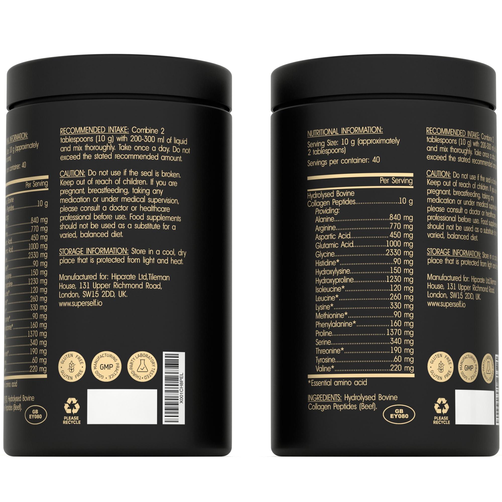 SuperSelf Premium Collagen Powder - Collagen Supplements for Women & Men - Pure Bovine Collagen Peptides 400g - Hydrolysed Collagen Type 1 and 3 for Skin, Hair & Nails - Tasteless, Dissolves Easily, Mixes Well