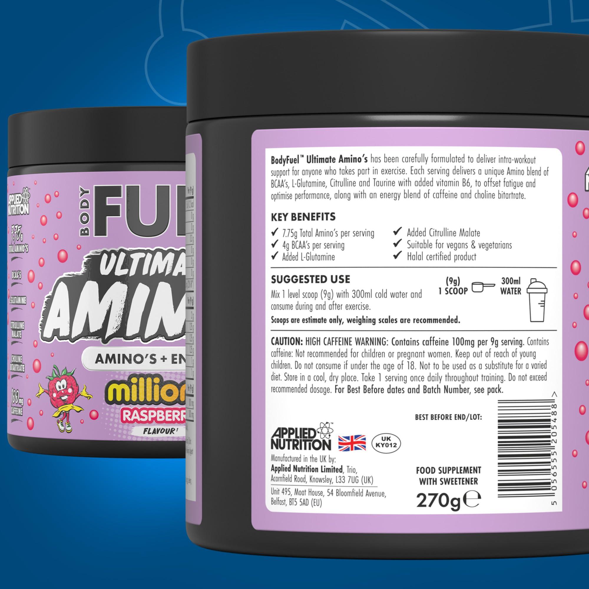 Applied Nutrition Applied Nutrition BodyFuel Amino's - Amino Acids Supplement, EAA Essential Amino Acids Powder, Muscle Fuel & Recovery (270g - 30 Servings) (Millions Raspberry)