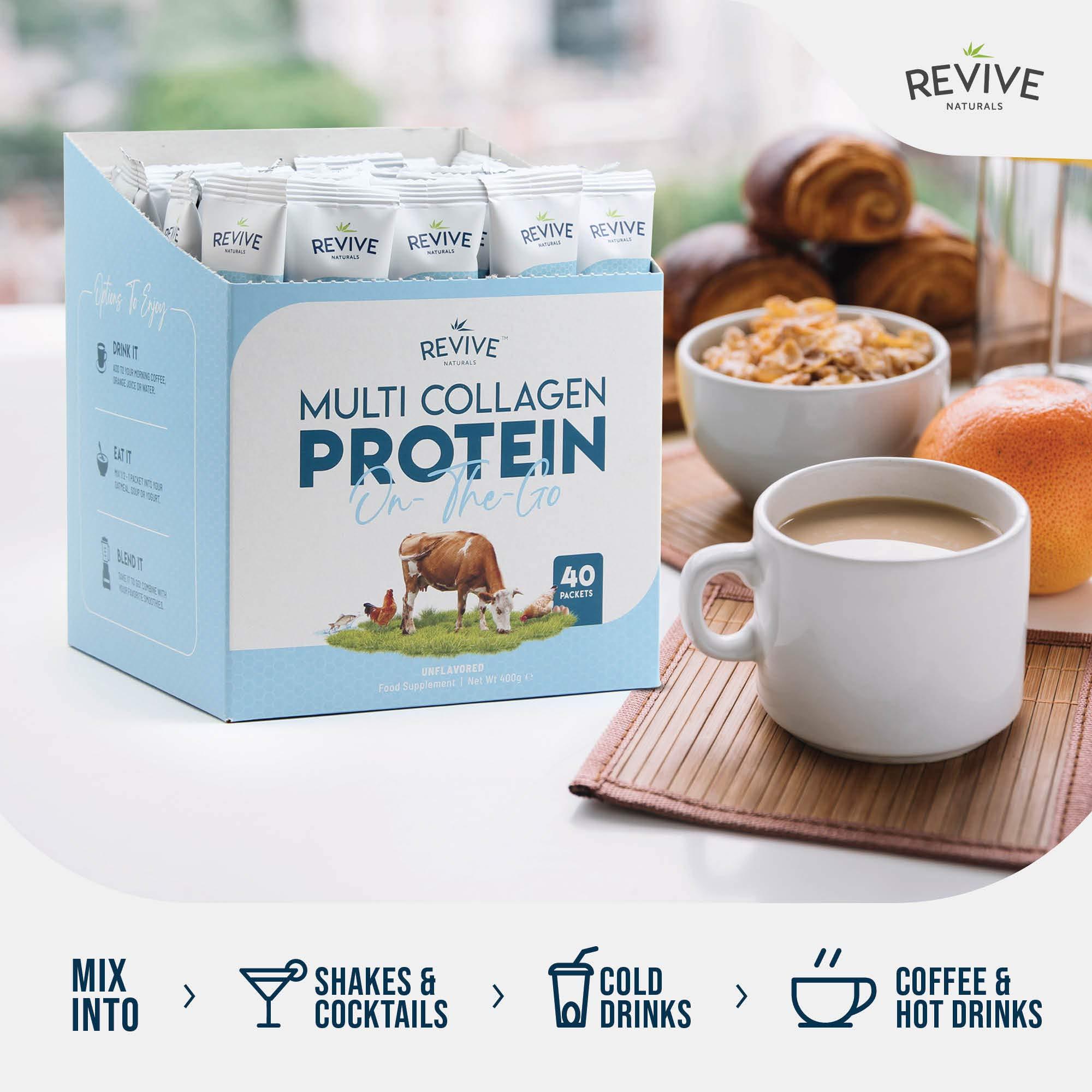 Revive Naturals Multi Collagen Protein Powder Packets - Types I, II, III, V & X - Hydrolyzed Grass Fed Bovine, Wild Caught Fish, & Free-Range Chicken & Eggshell Collagen. Non-GMO, Halal, (10g Each, 40 Packets)