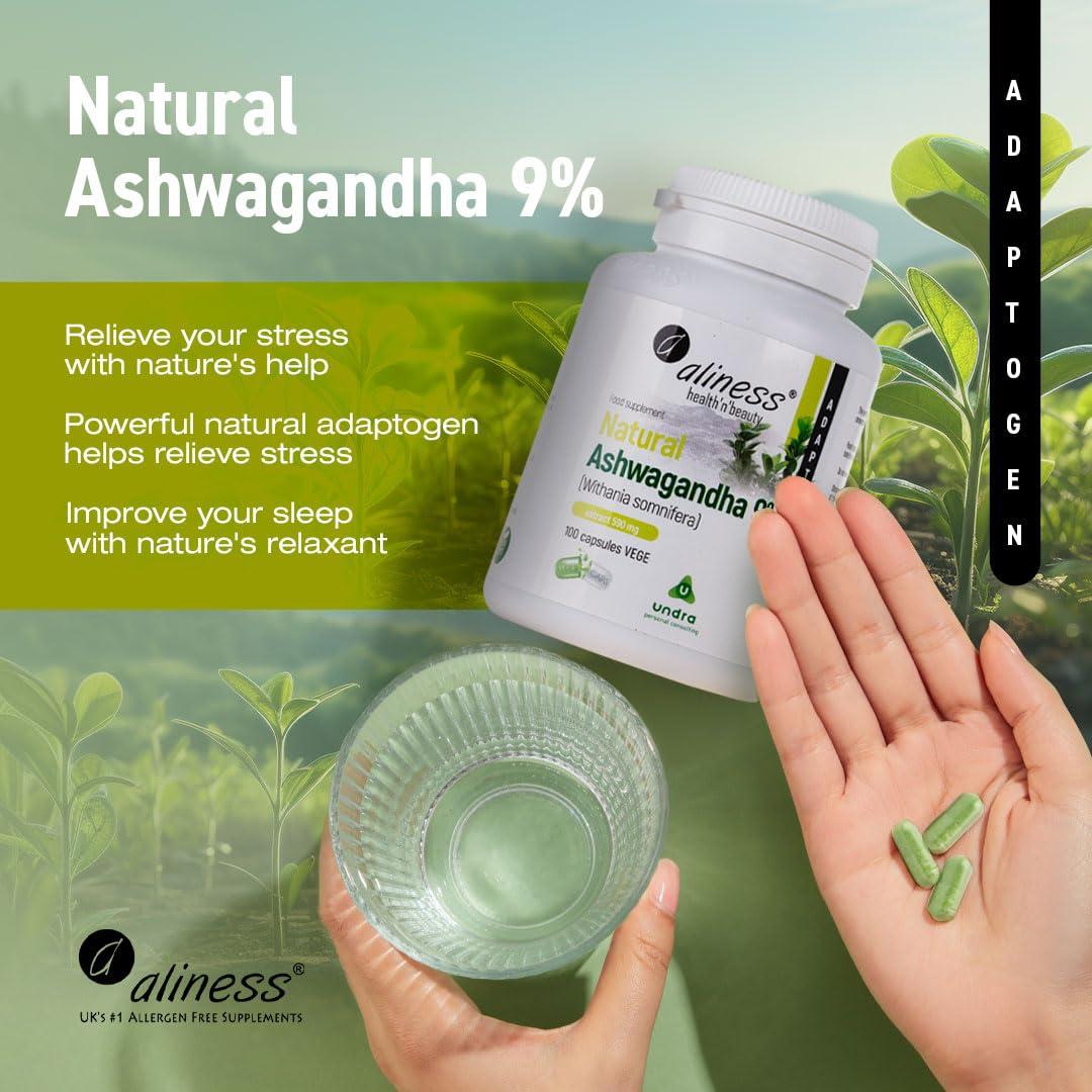 Aliness Aliness Natural Ashwagandha 9%, Withania Somnifera, 100 Vegan Capsules, Adaptogen