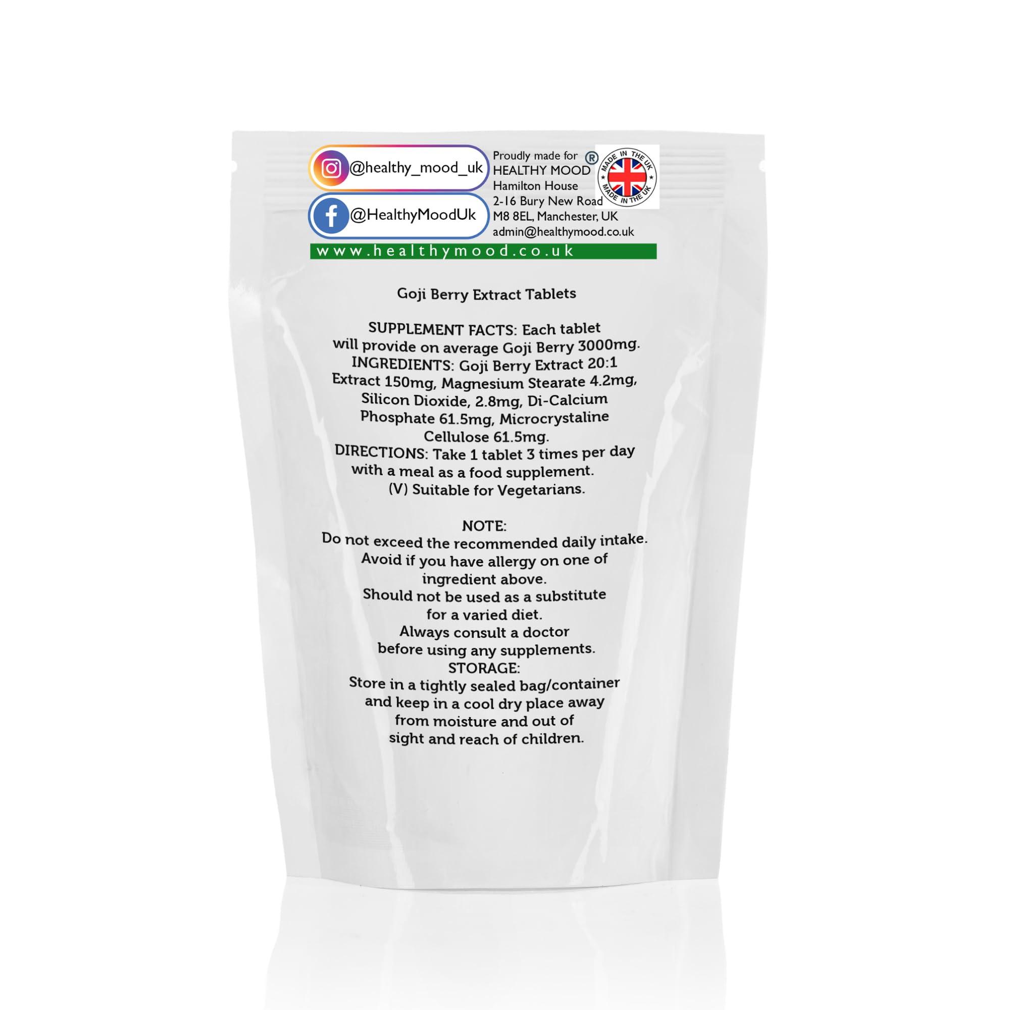 Healthy Mood Goji Berry 60 Tablets High Strength Antioxidant Supplement for Immune Support, Energy & Skin Health 100% Natural