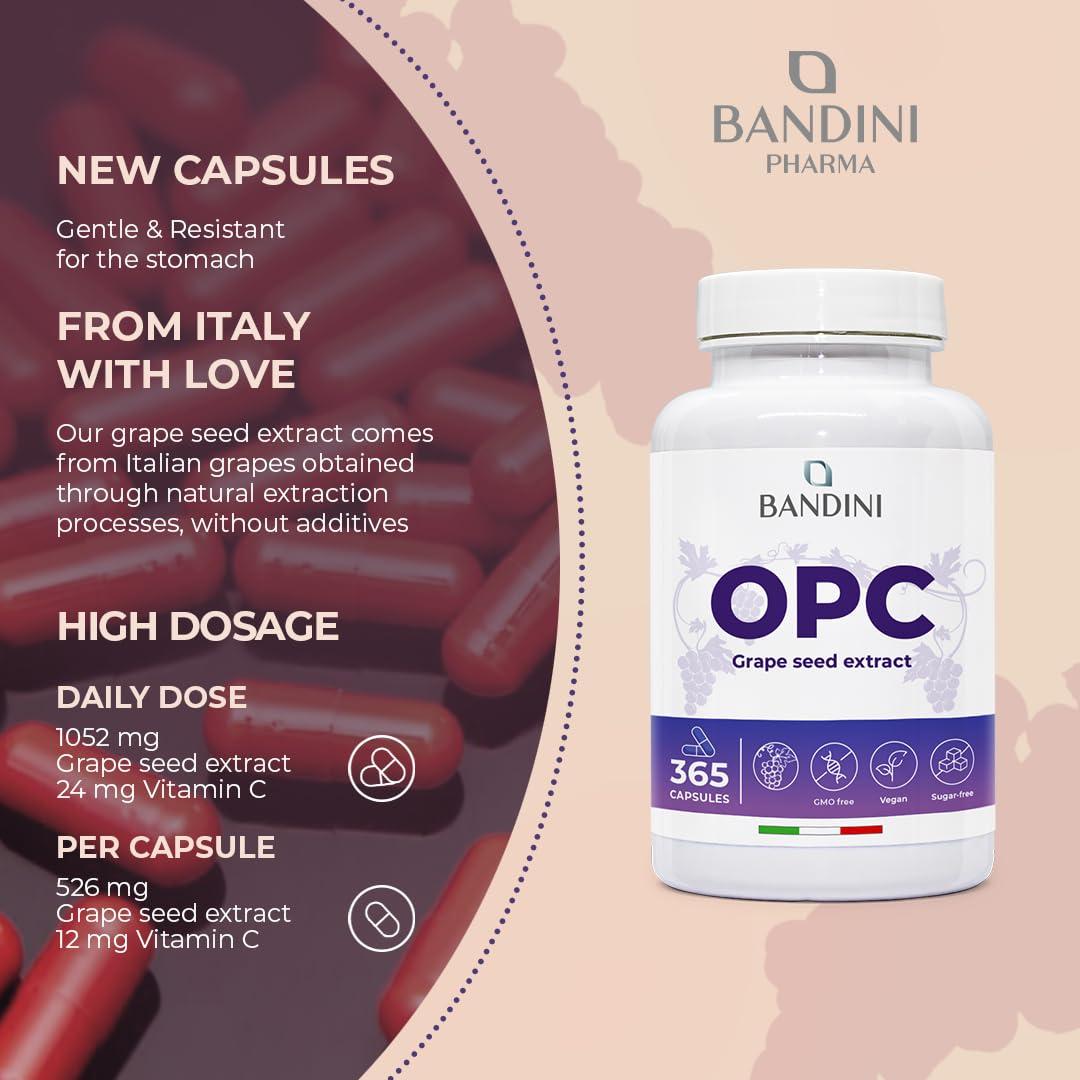 BANDINI Bandini OPC Supplement (95%) Grape Seed Extract | 1076mg OPC + Vitamin C | 365 Capsules | High Strength Antioxidant | Pure Oligomeric Proanthocyanidin 95% from Italian Grapes | Highest HPLC Content