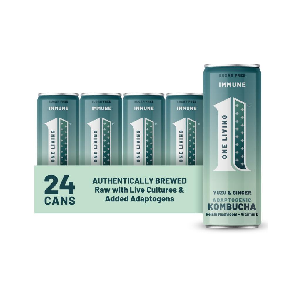 No 1 Living One Living Plus Immune Kombucha Drink - Ginger 24x 250ml Cans - Authentically Brewed Kombucha with Live Cultures - Added Reishi Mushroom and Vitamin D