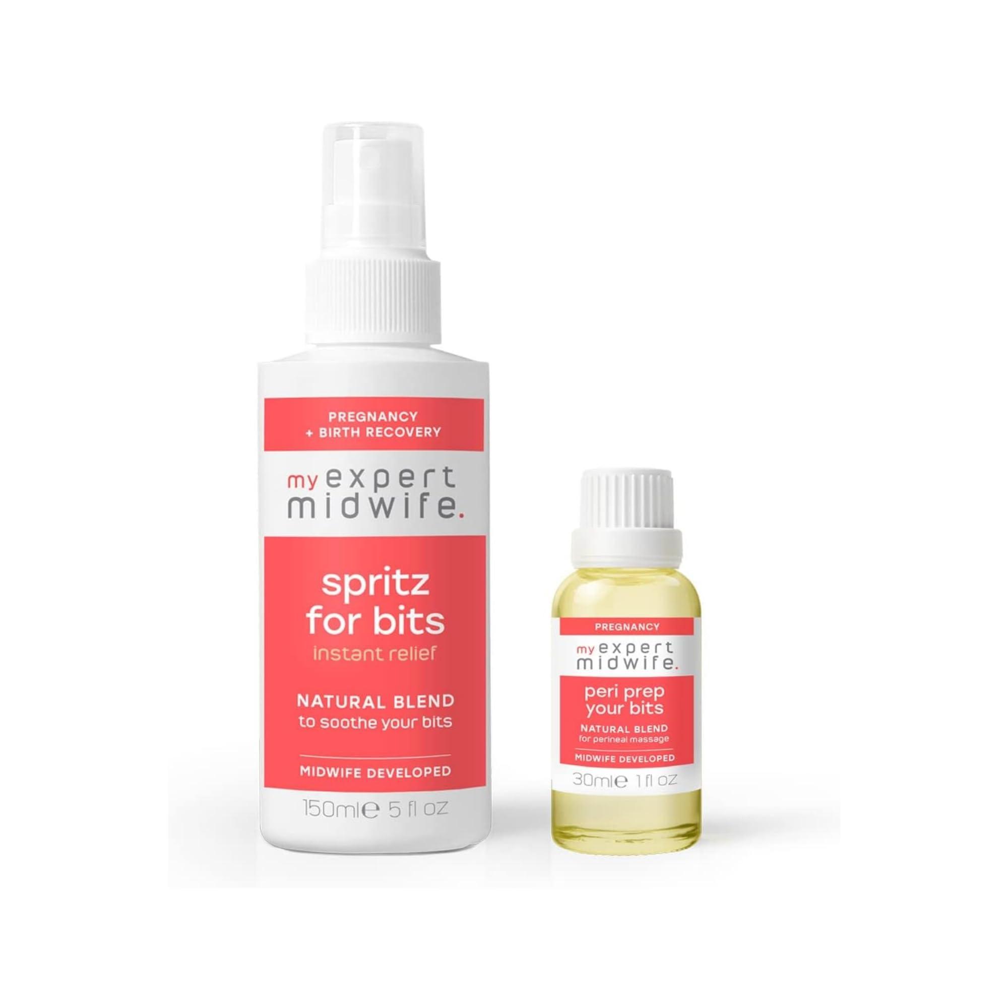 My Expert Midwife My Expert Midwife Just For Bits - Birth Prep & Recovery Duo with Spritz for Bits Postnatal Relief Perineal Spray and Peri Prep Your Bits Perineal Massage Oil (Pack of 2)