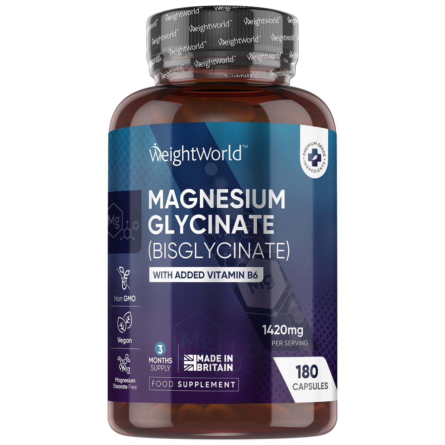 WeightWorld Magnesium Glycinate with Vitamin B6-1420mg Pure Magnesium Bisglycinate Powder Capsules - 180 Magnesium Bisglycinate Capsules - 3 Months Supply - High-Strength Magnesium Supplements