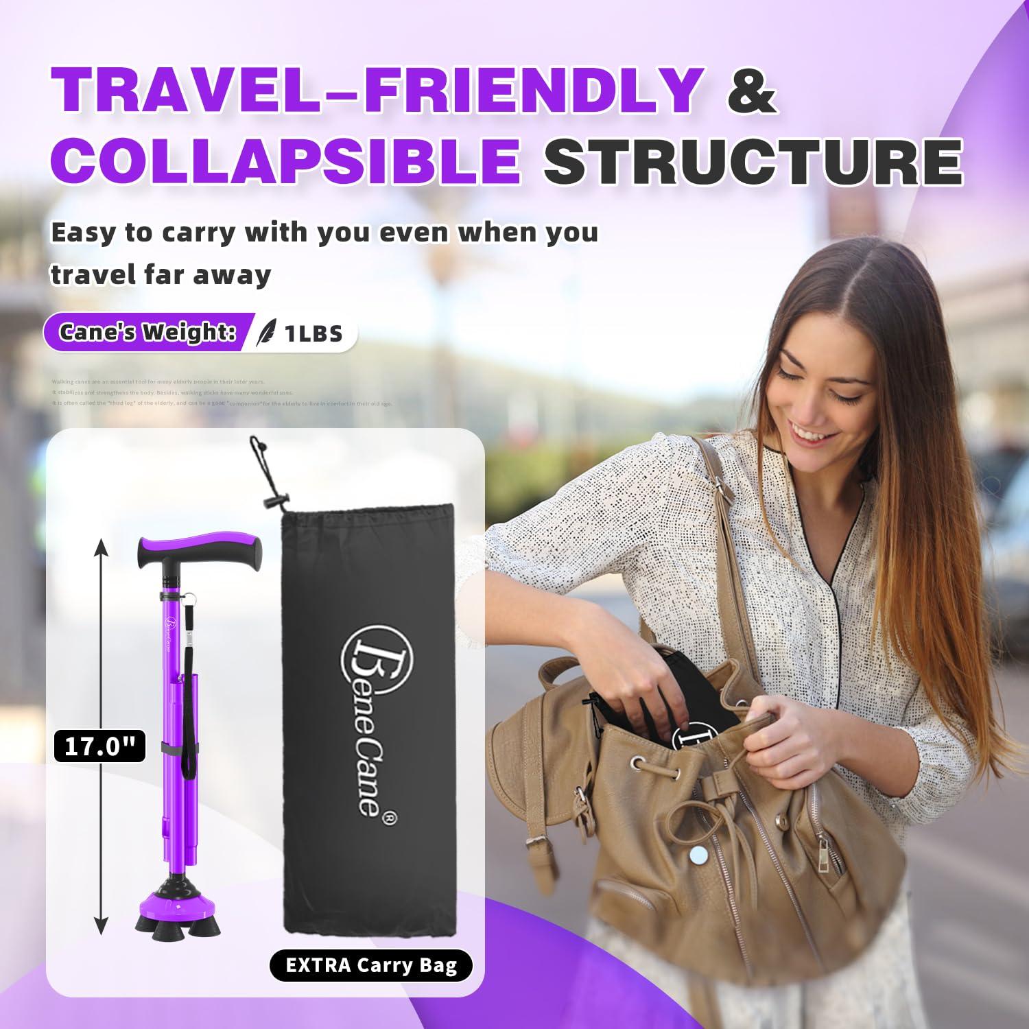BeneCane BeneCane Walking Cane for Men & Women Walking Stick for Seniors Folding Canes Quad Cane Adjustable Lightweight Sturdy Free Standing Collapsible Heavy Duty with Soft TPR T-Handle and Travel Bag Purple