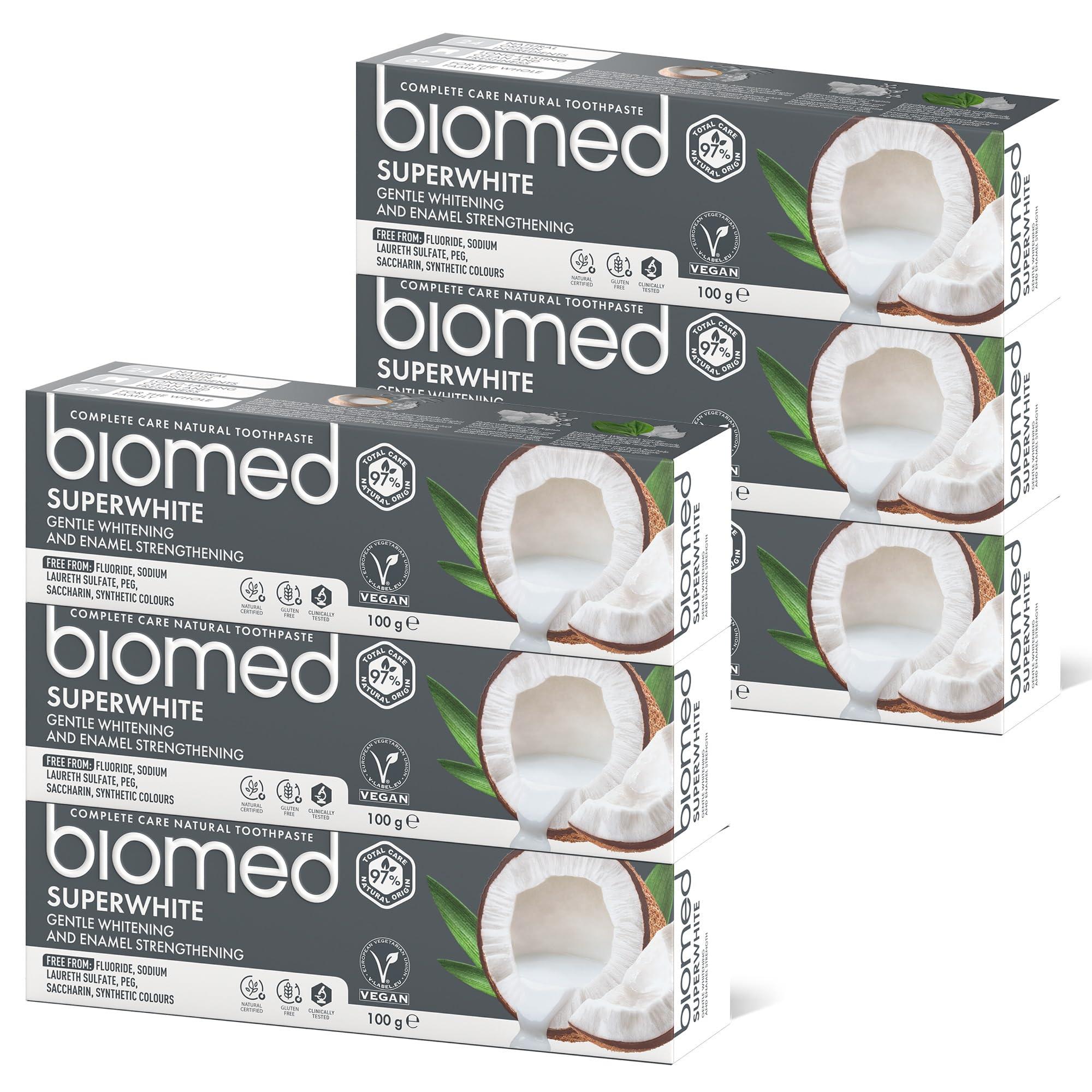 BIOMED Biomed Superwhite 97% Natural Whitening Toothpaste | Enamel Strengthening | Coconut Flavour, Vegan, SLES Free 6x100g