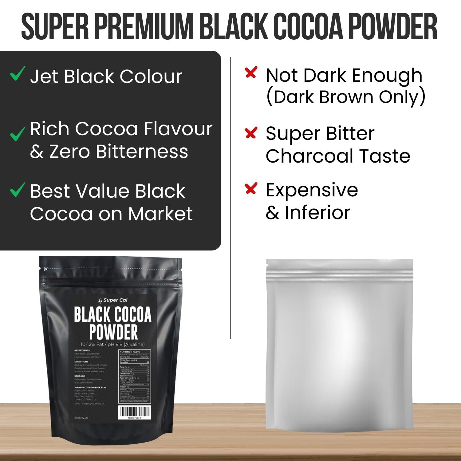 Super Cal Black Cocoa Powder for Baking - 1kg Pouch | Intense Deep Black Dutch Processed Unsweetened Cocoa Powder | pH 8.8 (Zero Bitterness) with 10-12% Fat | Super Cal