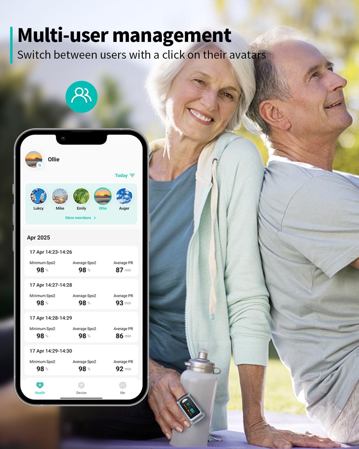 HealthTree Pulse Oximeter HealthTree Oxygen Monitor Fingertip, Bluetooth Pulse Ox with Free APP, O2 Pulse Oximeter Finger and Heart Rate Monitor, 2 X AAA Batteries, Lanyard
