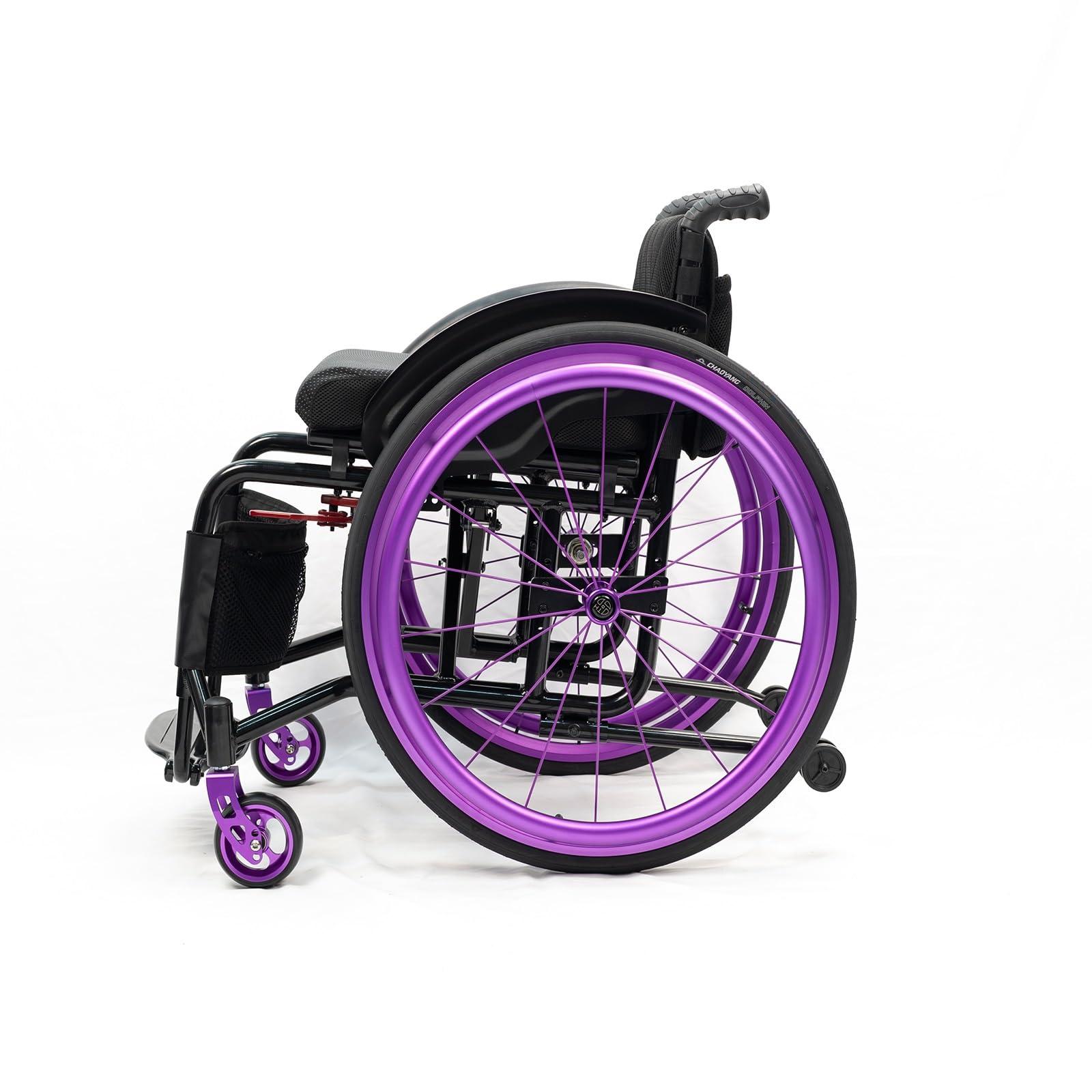 Atduglanix Folding All-Terrain Ultra Lightweight Sports Wheelchair Adjustable Footrest and Seat Height, Handbrakes Quick Release Rear Wheels & Anti-Tip Wheels(Purple,Seat Width 40cm/15.74in)