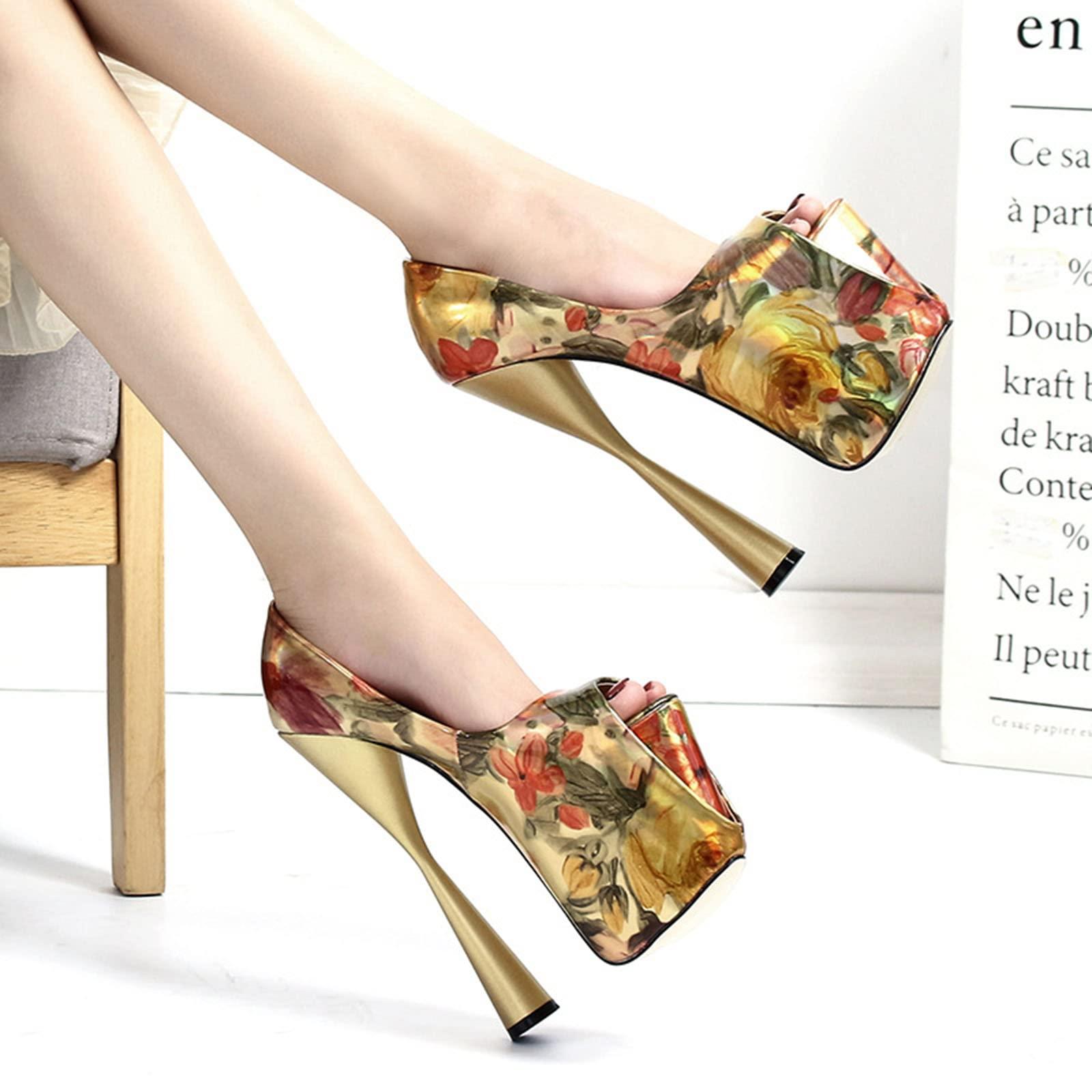 WOilERQ WOilERQ 19Cm Block Heel Patent Leather Print High Heels Open Toe Ankle Strap Platform Pump High Heel Sandals Shallow Mouth Print Flower Sandals Suitable for Women,Gold,46