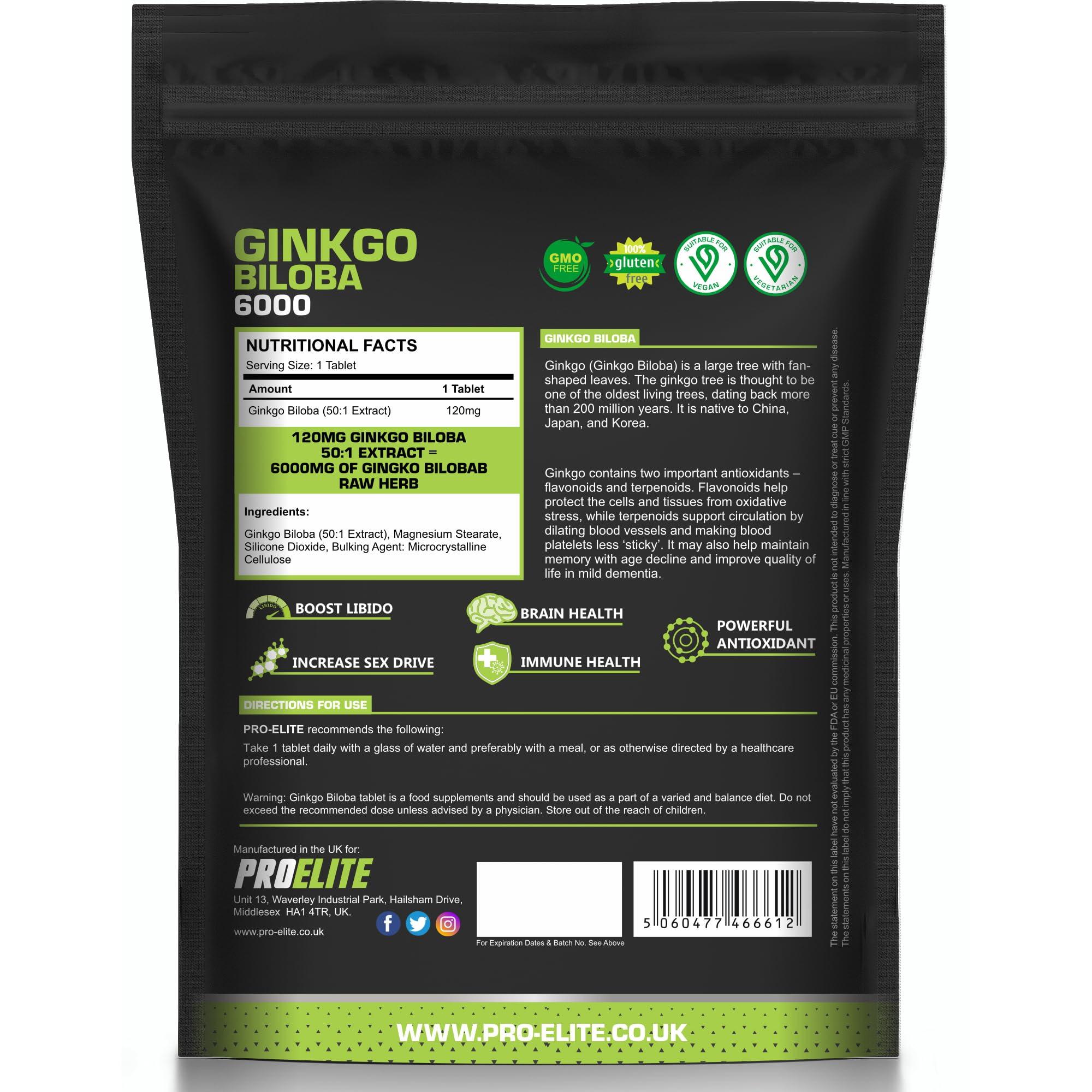 PROELITE Ginkgo Biloba 6000mg - High Strength Vegan Ginkgo Biloba Leaf Extract 180 Tablets 50:1 Extract ? Gluten Free, GMO Free - Made in UK by PROELITE