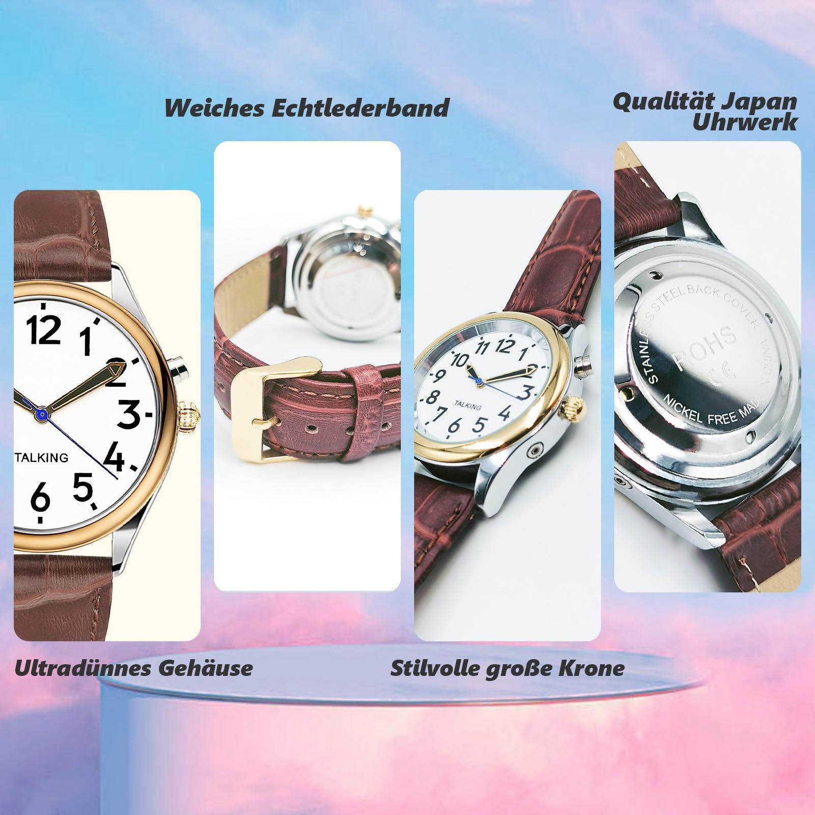 MAUJOY MAUJOY Talking Watch for Men for Blind Seniors with Visual Impairment, Loud and Clear Voice, Speaks German, Brown-a, Modern