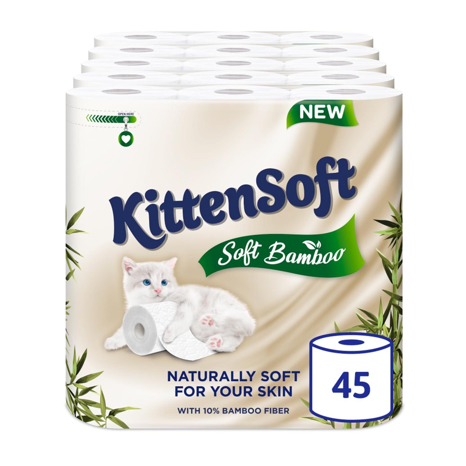 Regina Regina KittenSoft Soft Bamboo - 45 Rolls of Toilet Tissue 3 Ply, 160 Sheets, Naturally Soft For Your Skin, Toilet Tissue made with Bamboo Fibres, 30% PCR Plastic Packaging, FSC Certificated