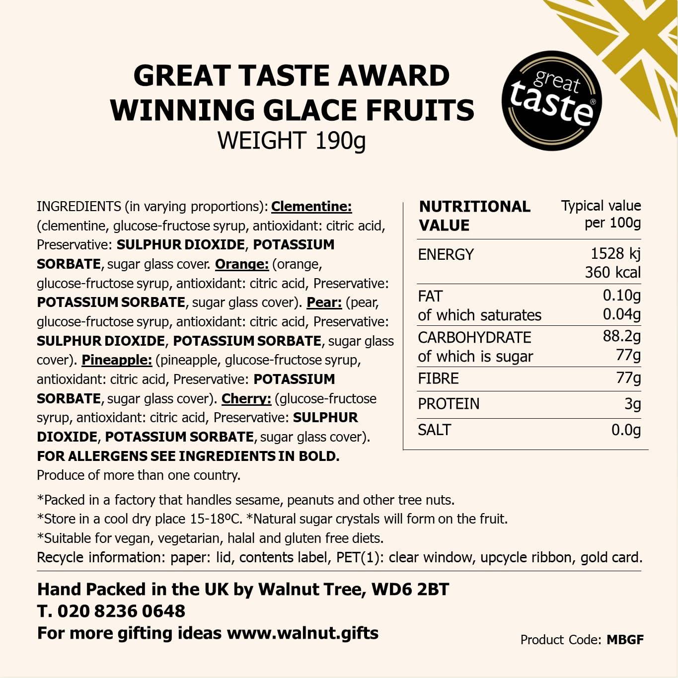 Walnut Tree Walnut Tree | Medium Glaced Fruits Gift Box | Candied Apricot, Apples, Pears, Cherries & Pineapple | Suitable for Vegan, Vegetarian, Halal & Gluten Free Diets | 190g Pack