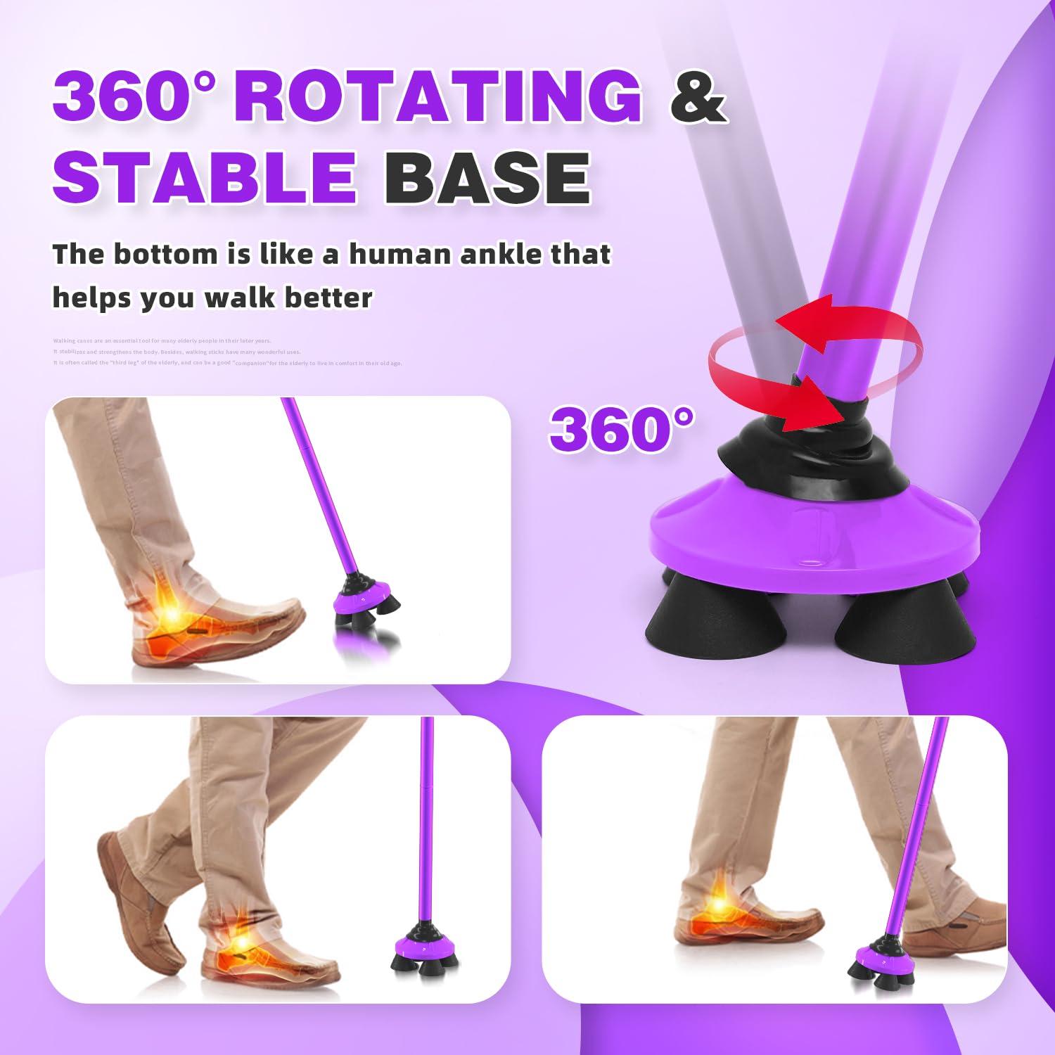 BeneCane BeneCane Walking Cane for Men & Women Walking Stick for Seniors Folding Canes Quad Cane Adjustable Lightweight Sturdy Free Standing Collapsible Heavy Duty with Soft TPR T-Handle and Travel Bag Purple