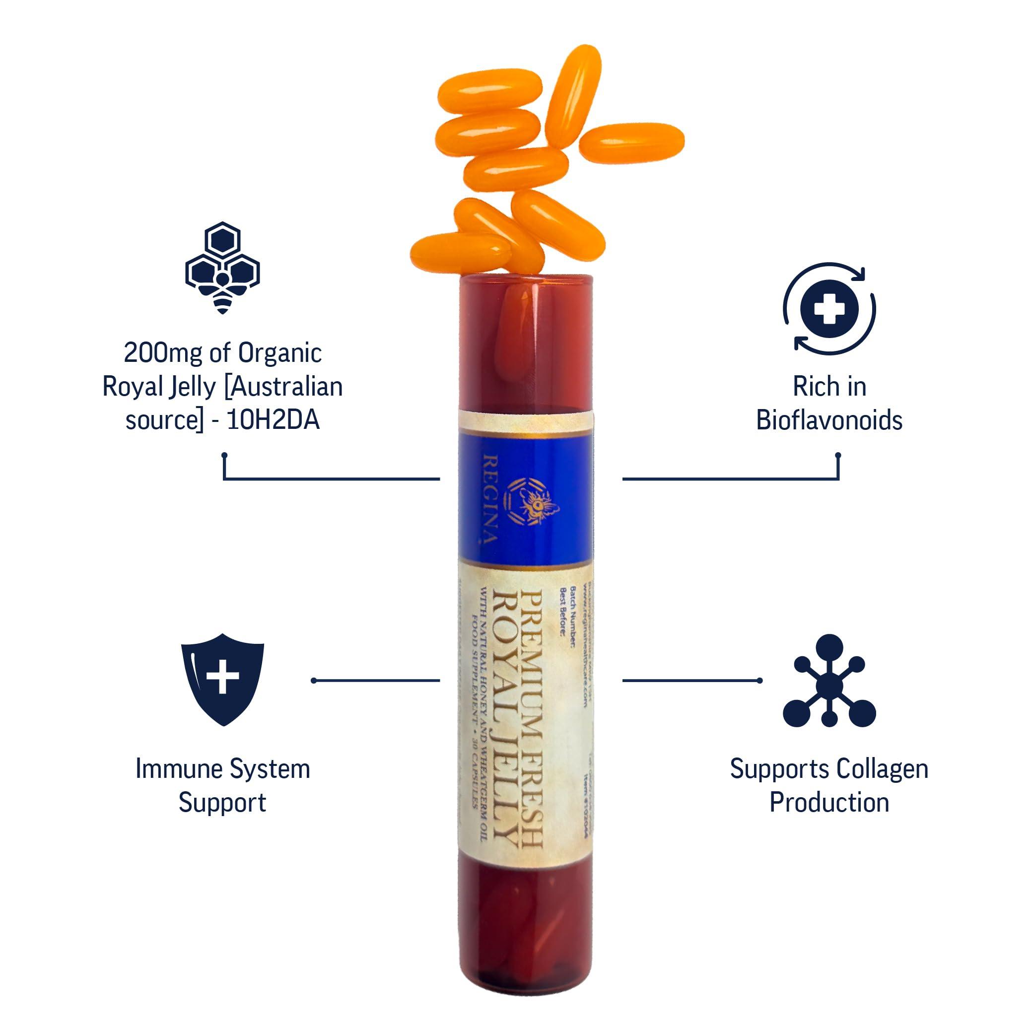 Regina Royal Regina Premium Fresh Royal Jelly: 30 Softgel Capsules with 200mg Organic Royal Jelly (Australian Source) & Acacia Honey, Minimum 6% 10-HDA. Supports Immunity, Energy, Cellular Health