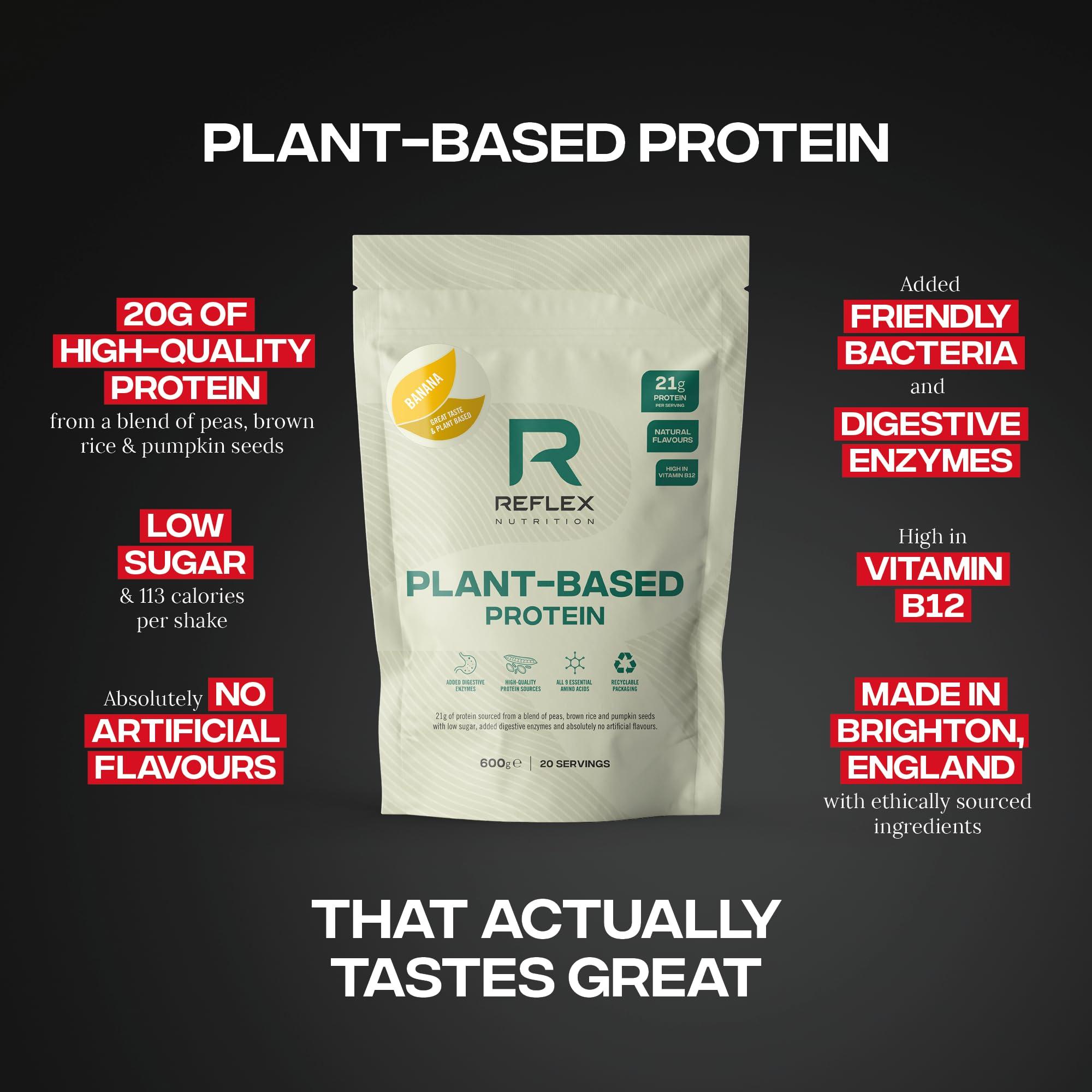 Reflex Reflex Nutrition Plant Based Protein - 21g Vegan Protein Powder (Pea Protein, Brown Rice Protein & Pumpkin Seeds) - Added Digestive Enzymes & Vitamin B12 - Natural Flavours (Banana, 20 Servings)