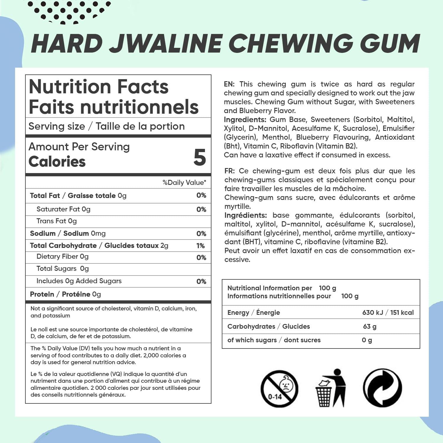 Jawliner JAWLINER Hard chewing Gum, Jawline gum - Sugar Free Blueberry Gum - Jaw Exerciser - mastic gum for Mewing - 2x Harder Than Regular Chewing Gum 330 Grams(120 strips)