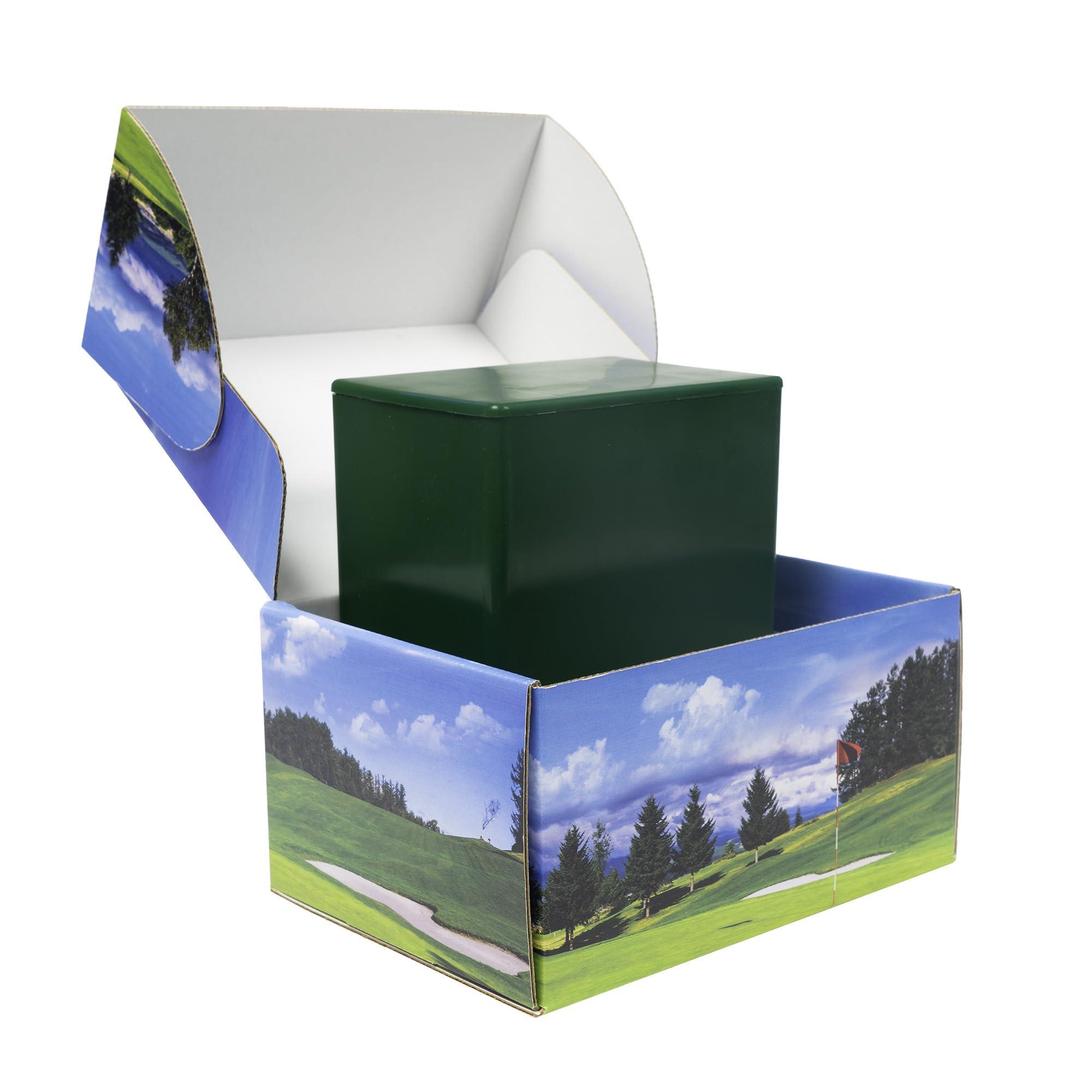 Mainely Urns Golf Themed TSA Approved Fly-Safe and Temporary Travel Cremation Urn Kit for Human Ashes - Airline and Mail Friendly - 200 Cubic Inch Capacity - Green Plastic Urn with Fairwary Mailing Box