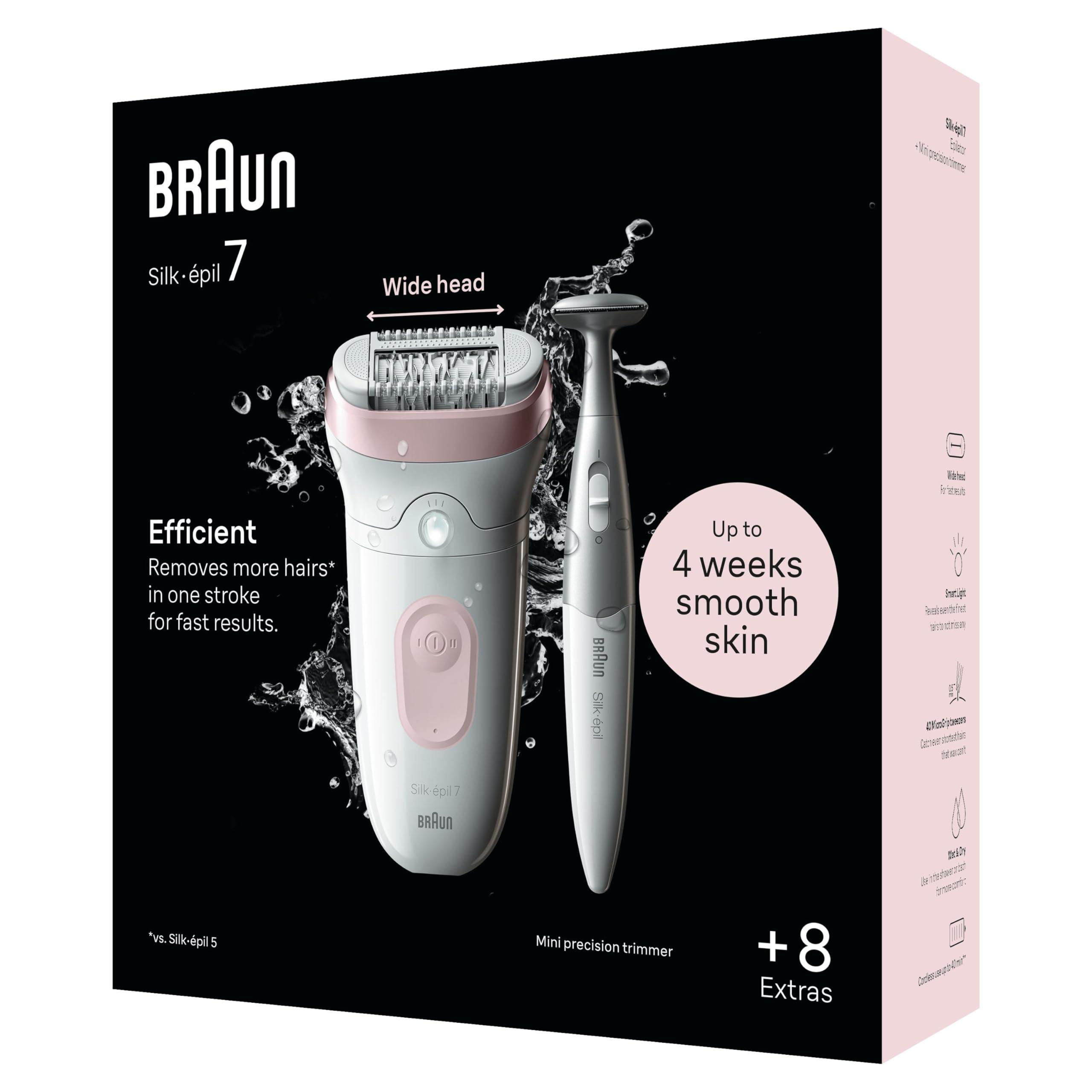 Braun Braun Silk-pil 7 Epilator with Wide Head for Easy Hair Removal, Braun Epilator for Women, Wet & Dry, Lasting Smooth Skin, Bikini Trimmer Women, 7-210, White/Flamingo