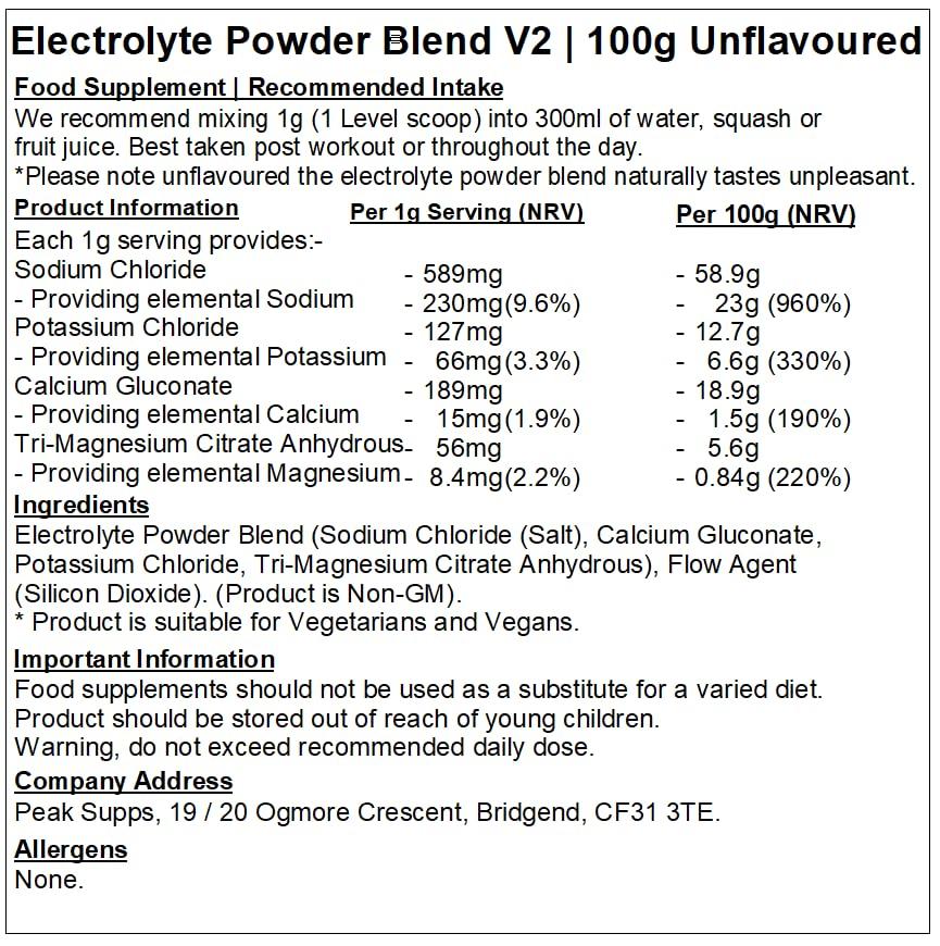 Peak Supps Electrolyte Powder Blend 100g - Calcium, Magnesium, Potassium & Sodium