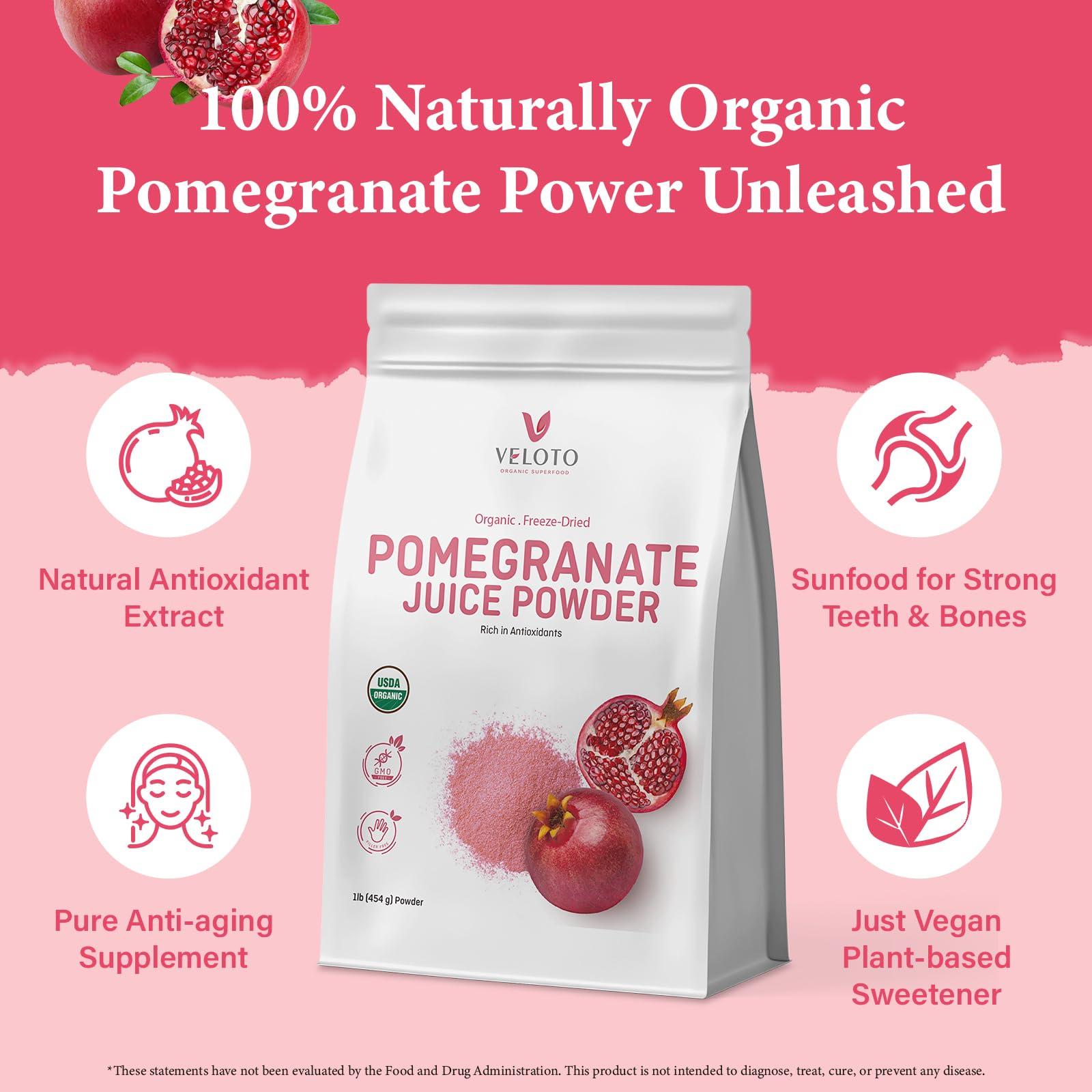 VELOTO Organic Pomegranate Juice Powder, Pure Pomegranate Powder Fruit Freeze Dried Powder, Natural Vitamin C Vegan Sweetener Superfoods for Smoothies, Yogurt & Shake, Gluten Free, Non GMO, 1 lb