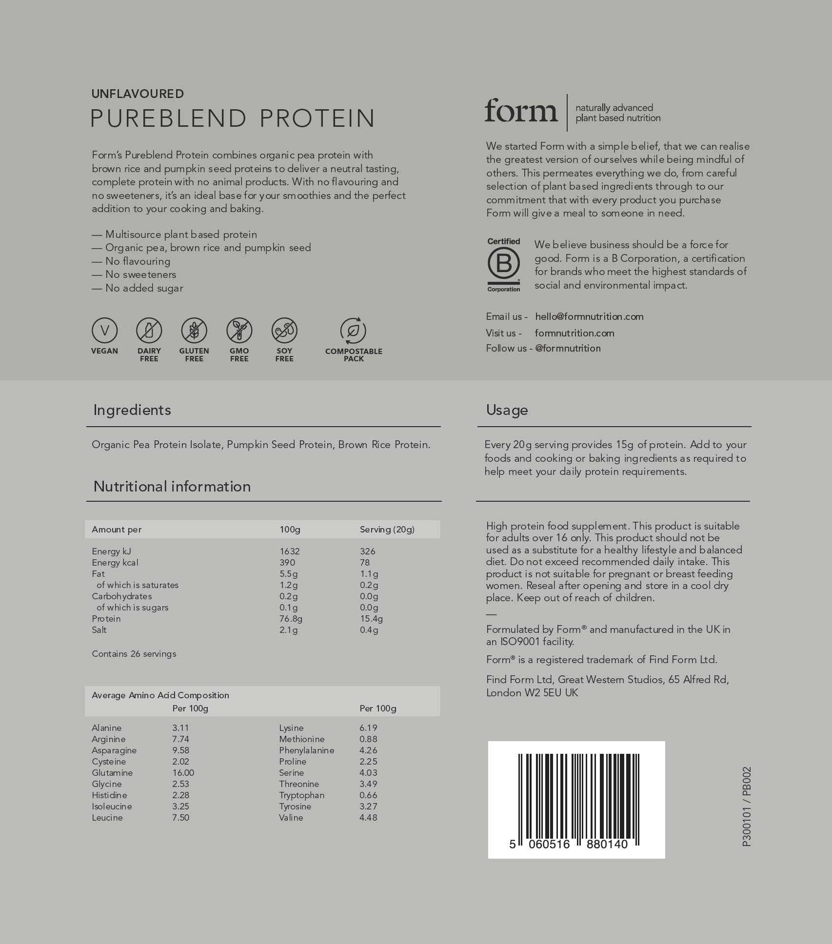 Form Form Pureblend Protein - Unflavoured and Unsweetened Vegan Protein Powder - 15g of Plant Based Protein per Serving. Perfect for Your Smoothies, Cooking and Baking.
