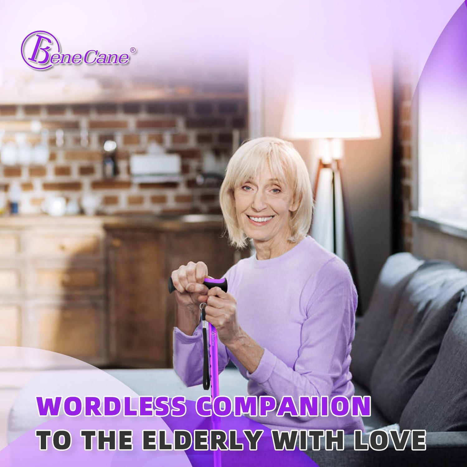 BeneCane BeneCane Walking Cane for Men & Women Walking Stick for Seniors Folding Canes Quad Cane Adjustable Lightweight Sturdy Free Standing Collapsible Heavy Duty with Soft TPR T-Handle and Travel Bag Purple