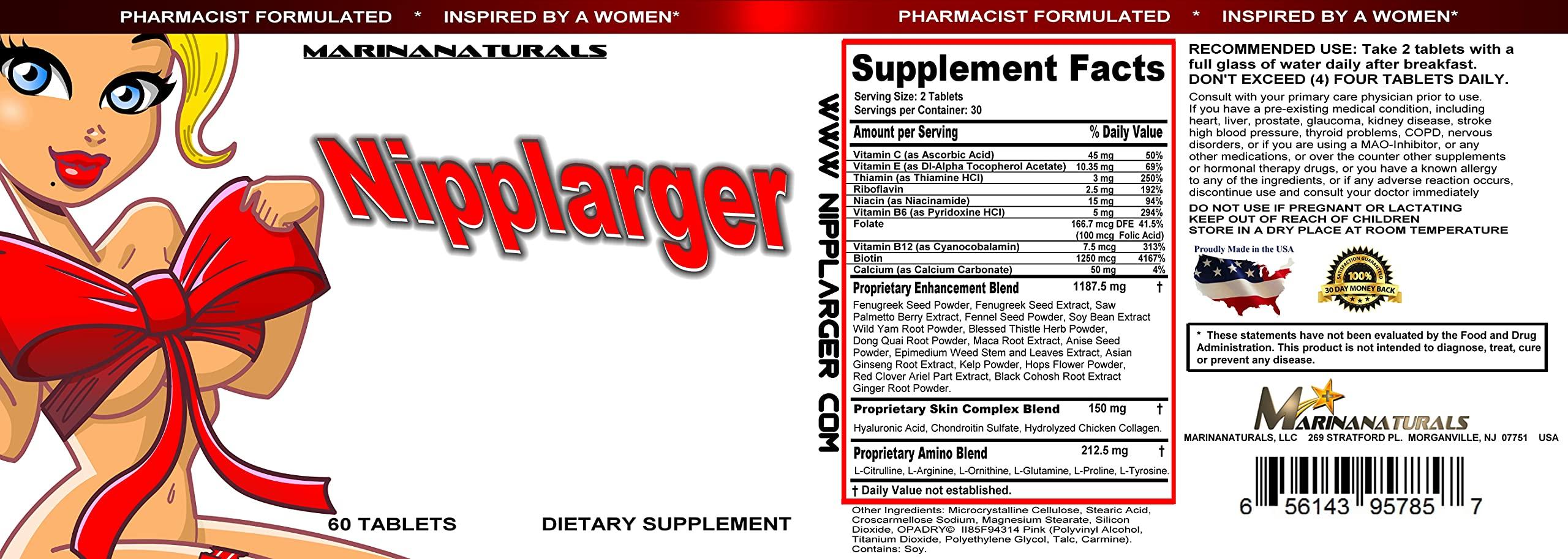 MARINANATURALS NIPPLARGER Nipple Enlargement, Breast Enlargement, Skin Tightening Enjoy Larger, Fuller, Firmer Nipples and Breasts. 60 Tablets.