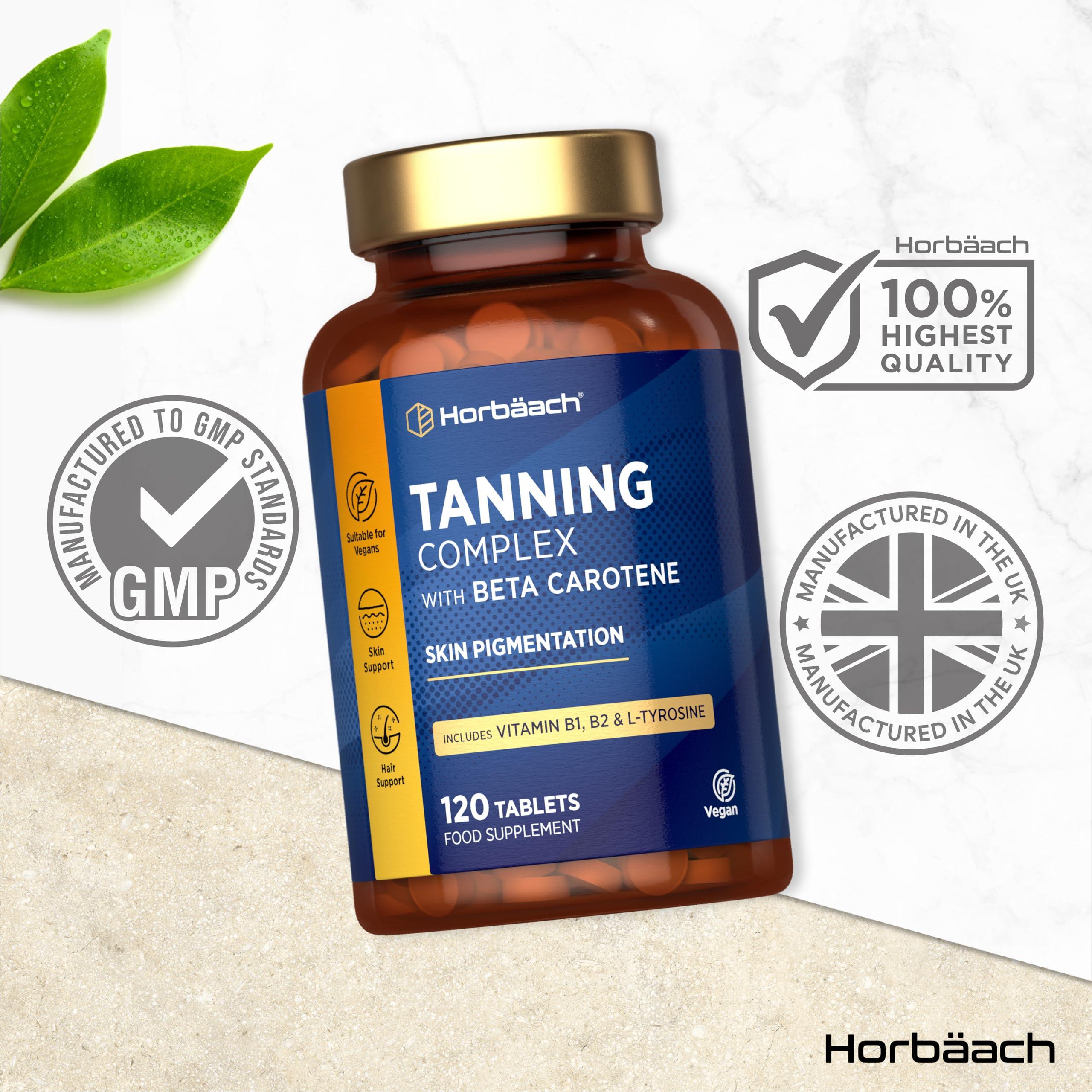 Horbach Beta Carotene Tanning Tablets | Supplement with L-Tyrosine, Copper, Vitamin B1 & B2, Zinc & Vitamin A | 120 Vegan Tablets | by Horbaach