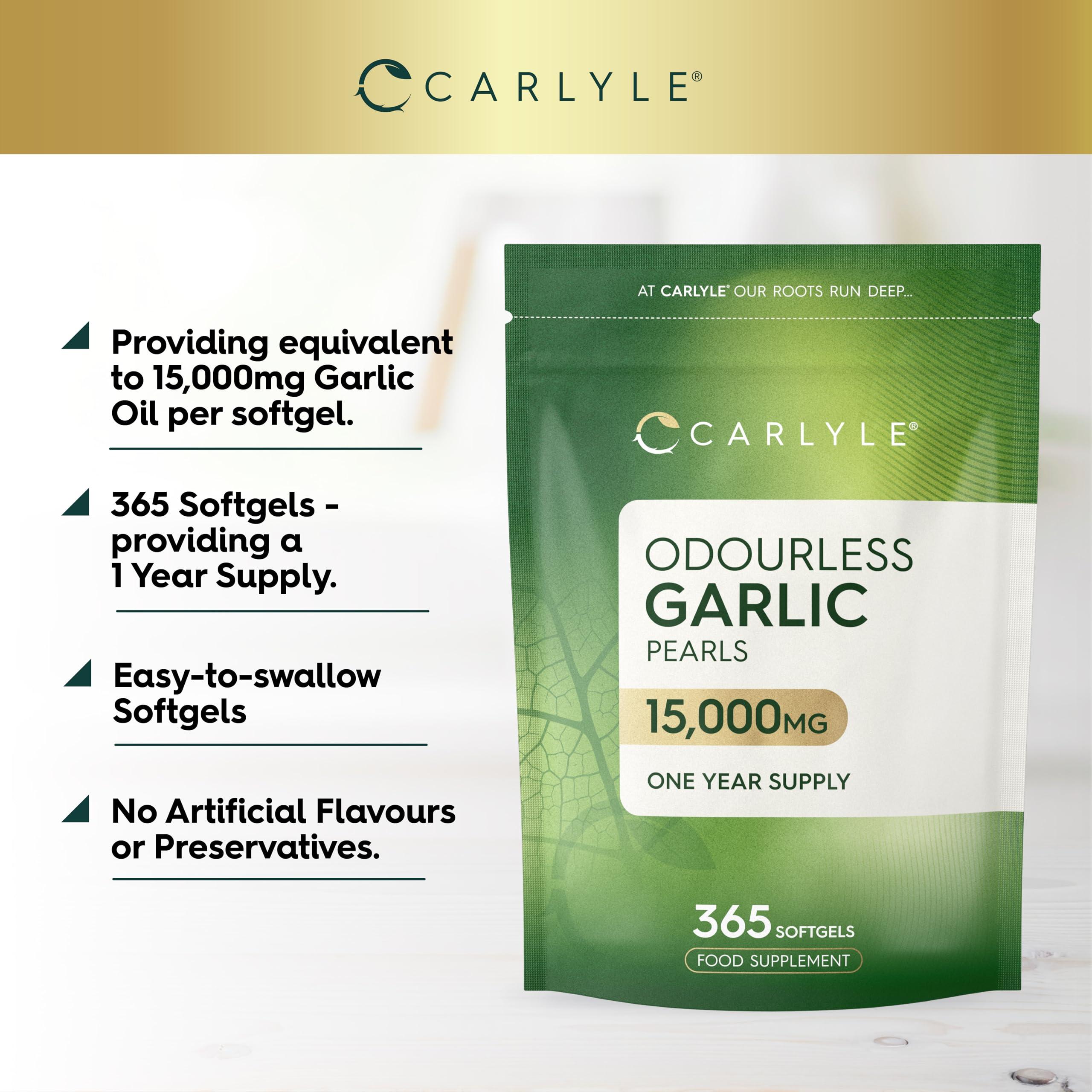 Carlyle Odourless Garlic Capsules 15,000mg | 365 Count (1 Year Supply) | High Strength Garlic Oil Pearls with Allicin | No Artificial Preservatives | by Carlyle