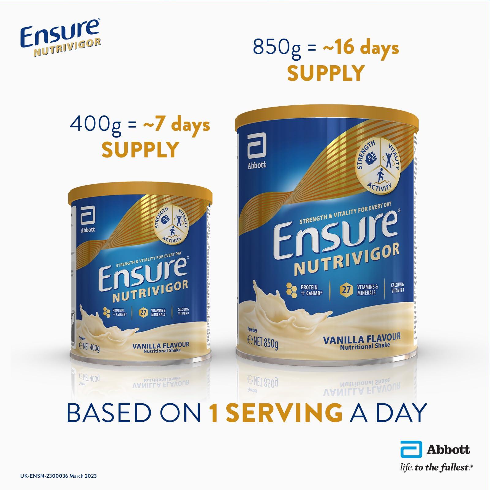 Ensure Ensure NutriVigor Nutritional Shake | 400g | Vanilla Flavour |Support Strength, Energy and Immunity | Food supplement with Protein, 27 Vitamins and Minerals | With Vitamin D, Vitamin C and Vitamin B