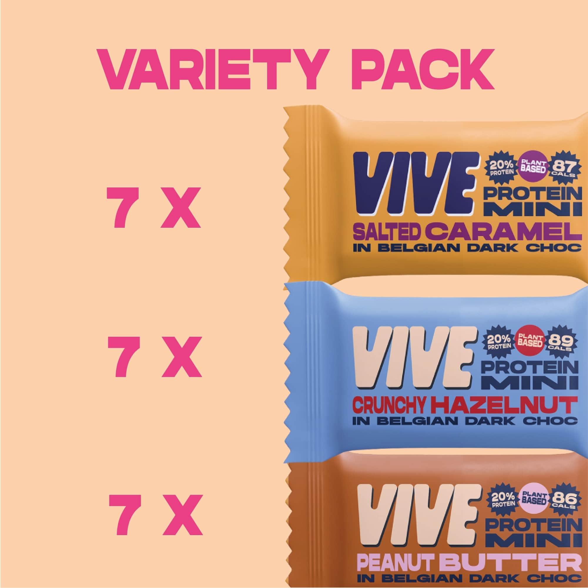Vive Vive Dark Chocolate Coated Mixed Box Protein Bites - Gluten Free and Vegan - High Fibre Mini Protein Bars - Pack of 21