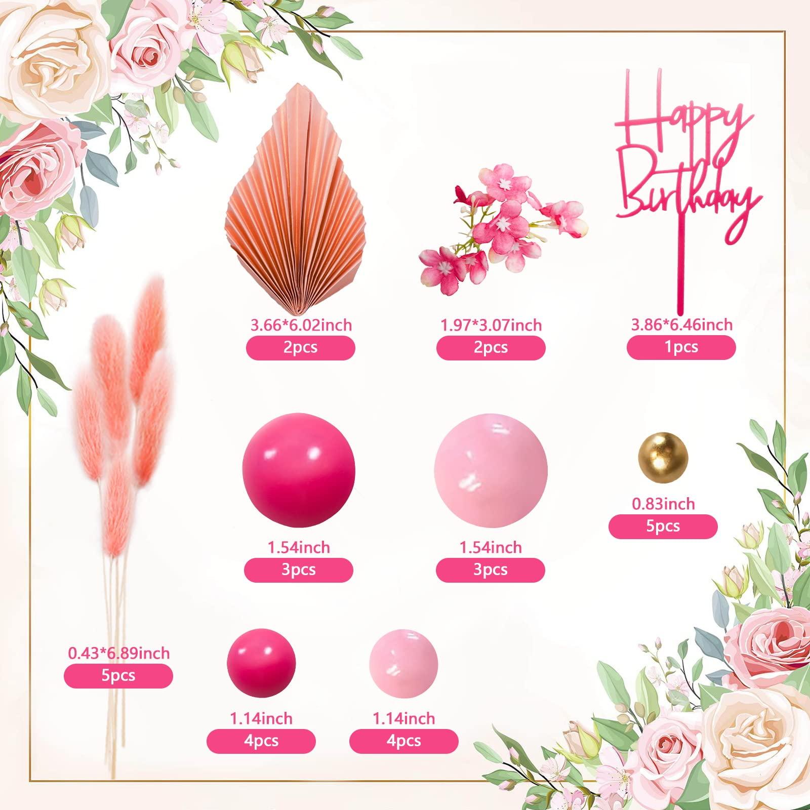 MEMOVAN MEMOVAN 29pcs Flower Boho Cake Topper Ball Cake Decorations Hot Pink Gold Balls Palm Leaves Artificial Plants Cake Decor for Girl Bohemian Hot Pink Princess Theme Wedding Baby Shower Birthday Party