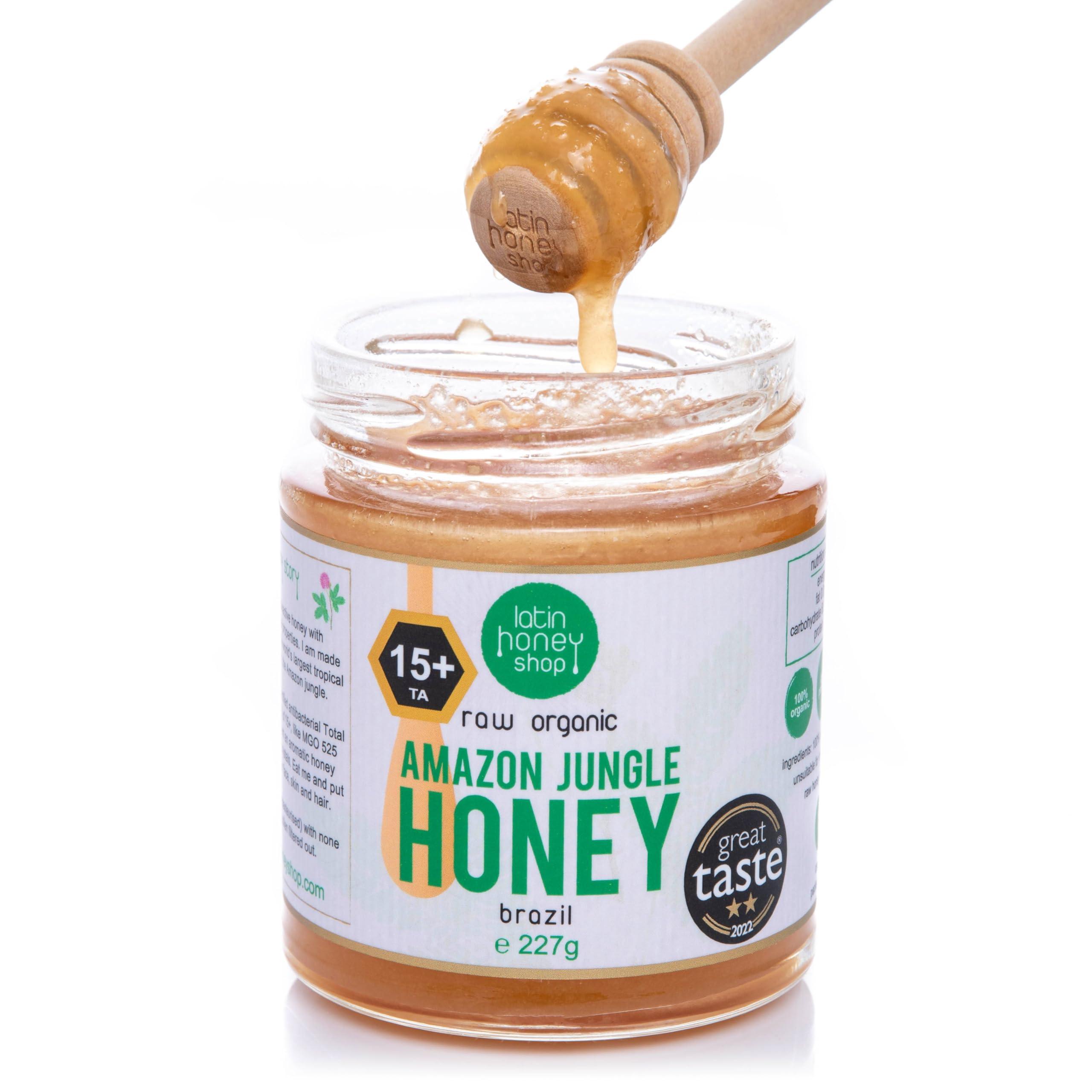 Latin Honey Shop 15+ Active Raw Organic Amazon Jungle Honey Brazil, 227g. Equal to 15+ Manuka. Certified Organic. 2-Star Great Taste Award. Unpasteurised Crystallised Set with Enzymes and Pollen - Latin Honey Shop