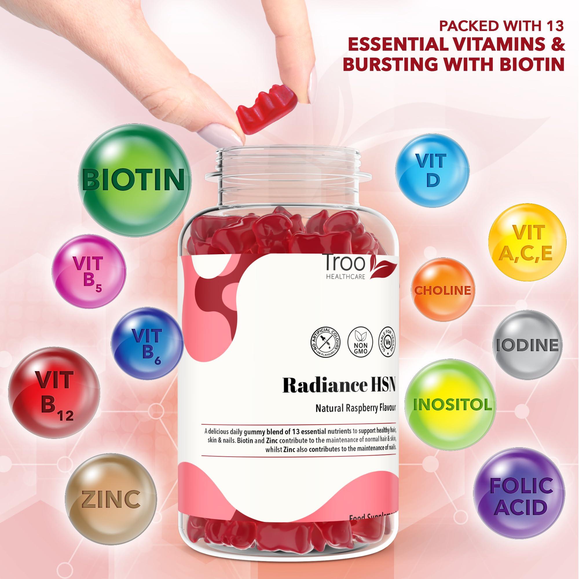 Troo Health Care Troo Health Care Radiance HSN 60 Raspberry Flavour Gummies - Advanced Hair Skin & Nails Supplement for Men & Women - 13 Essential Nutrients Inlcuding Biotin