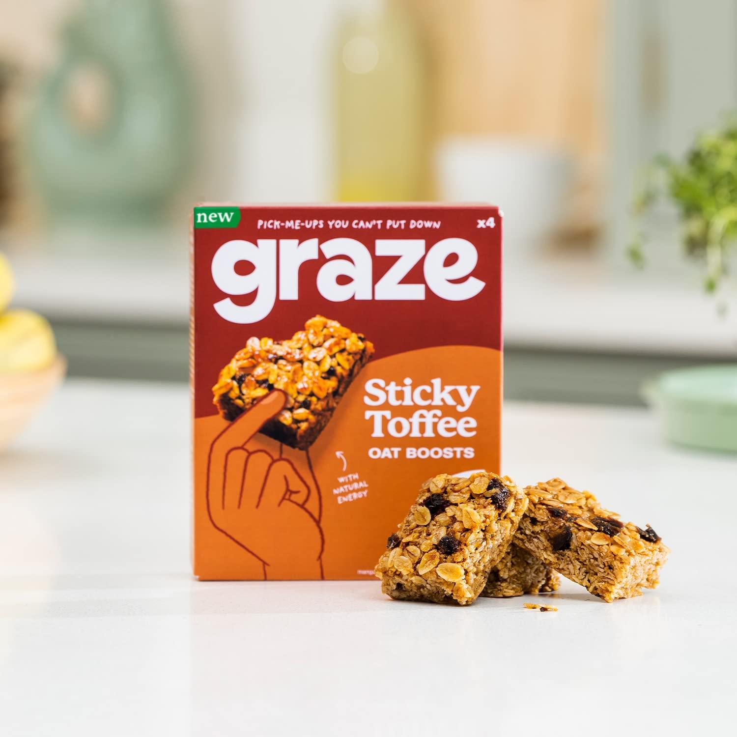 GRAZE Graze - Sticky Toffee Oat Boost Bars Snacks - Vegetarian Snacks with Whole Oats and Natural Flavours - 8 packs of 4 Snack Bars, 32 Snacks total