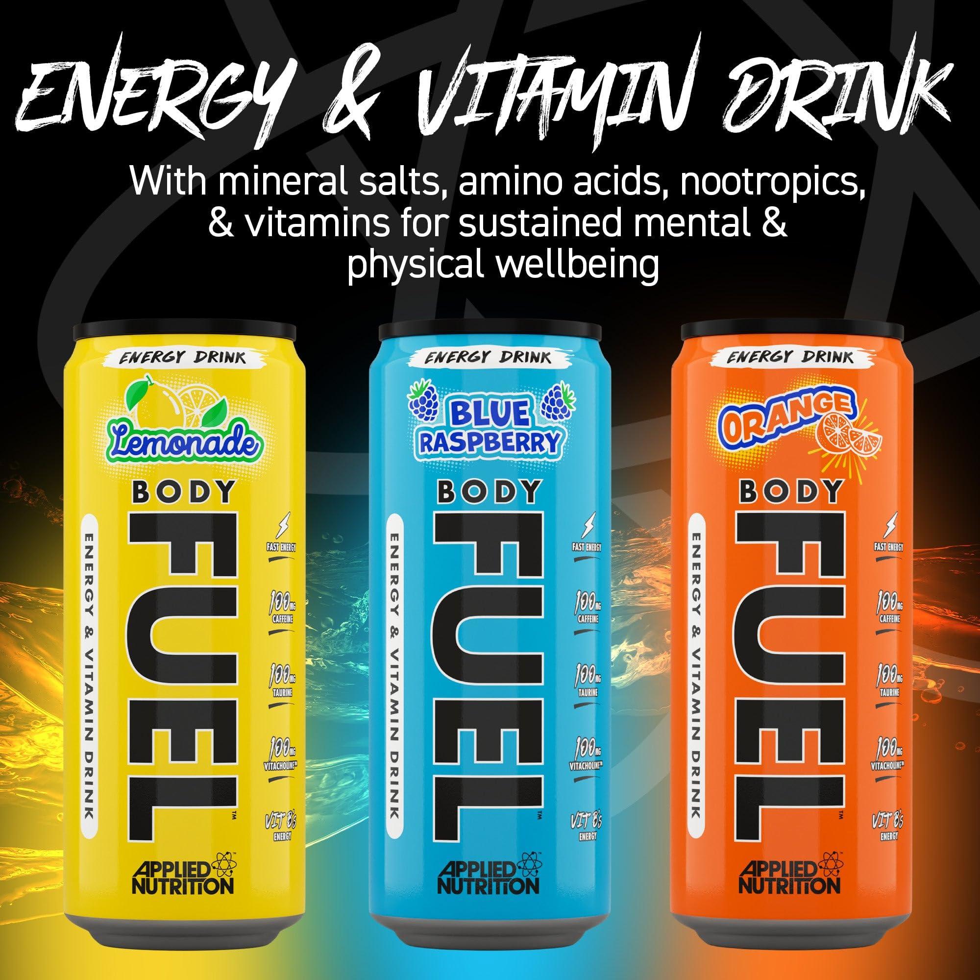 Applied Nutrition Applied Nutrition BodyFuel Energy & Vitamins Drink - Fast Energy, Energy Drink, Sugar Free with Caffeine (Pack of 12 Cans x 330ml) (Blue Raspberry)